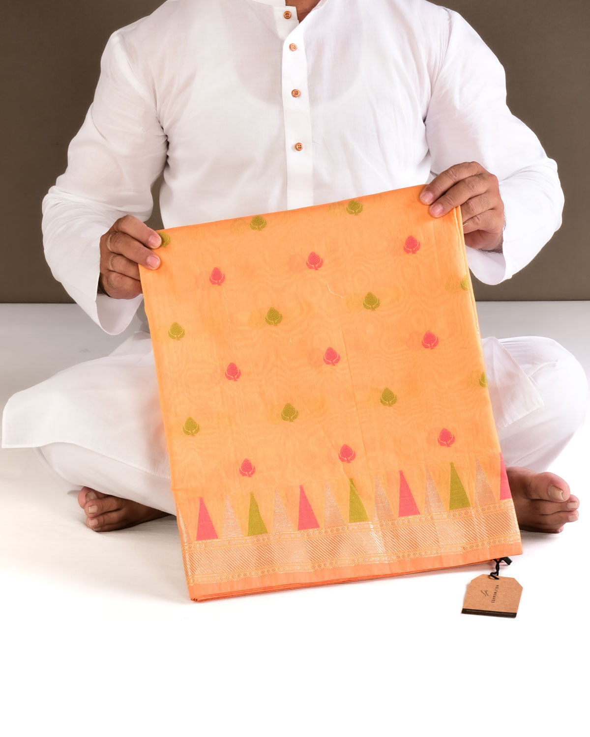 Orange Banarasi Pink & Green Resham Buti Cutwork Brocade Woven Cotton Silk Saree with Temple Border - By HolyWeaves, Benares