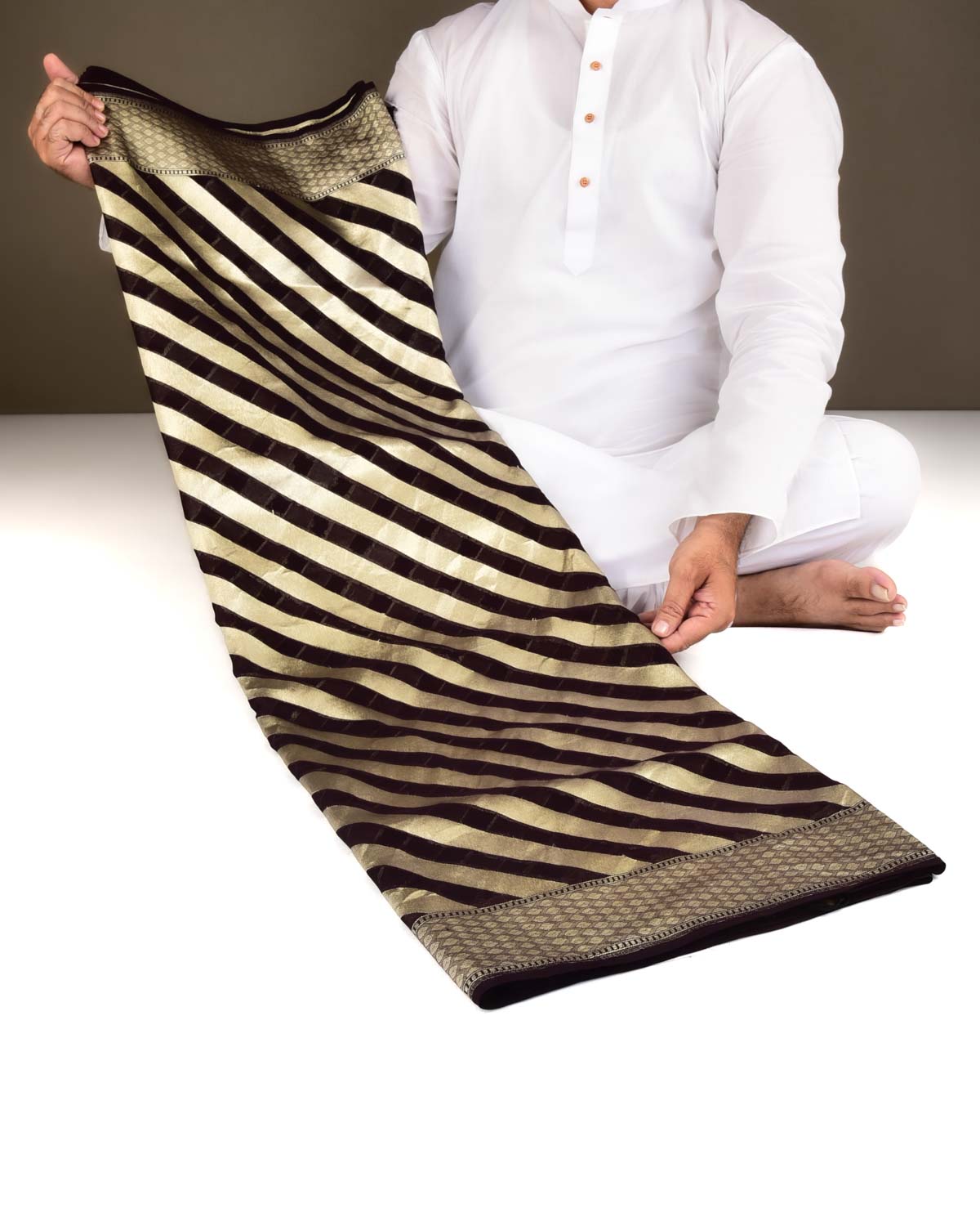 Black Coffee Brown Banarasi Gold Zari Diagonal Stripes Cutwork Brocade Handwoven Khaddi Georgette Saree-HolyWeaves