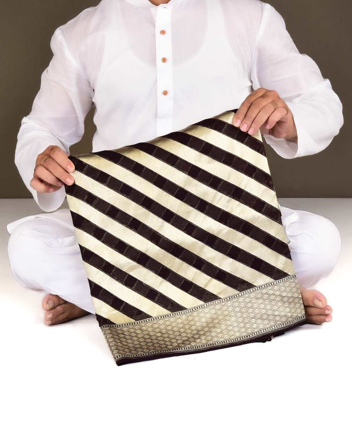 Black Coffee Brown Banarasi Gold Zari Diagonal Stripes Cutwork Brocade Handwoven Khaddi Georgette Saree-HolyWeaves