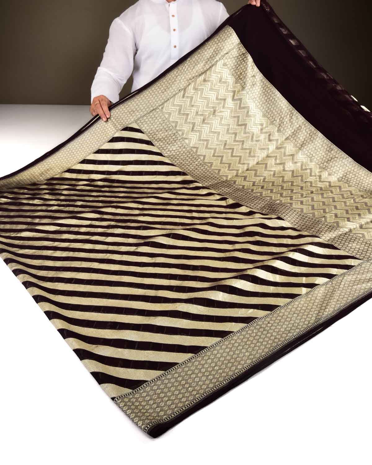 Black Coffee Brown Banarasi Gold Zari Diagonal Stripes Cutwork Brocade Handwoven Khaddi Georgette Saree-HolyWeaves