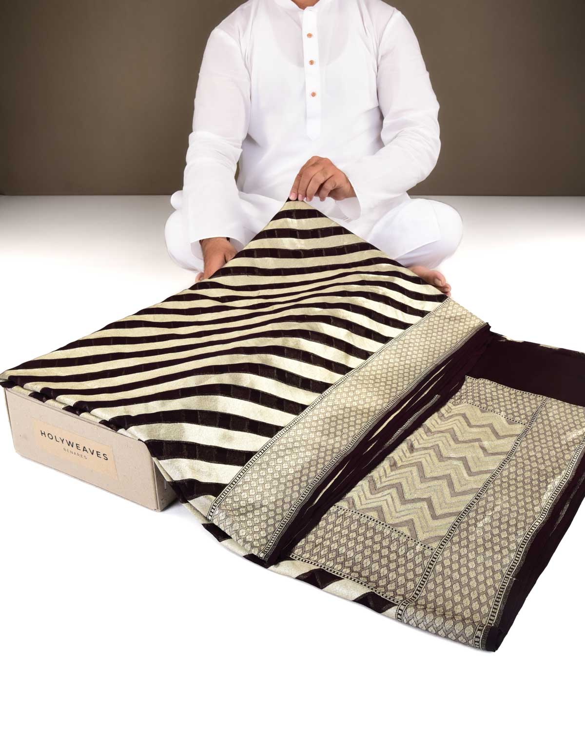 Black Coffee Brown Banarasi Gold Zari Diagonal Stripes Cutwork Brocade Handwoven Khaddi Georgette Saree-HolyWeaves