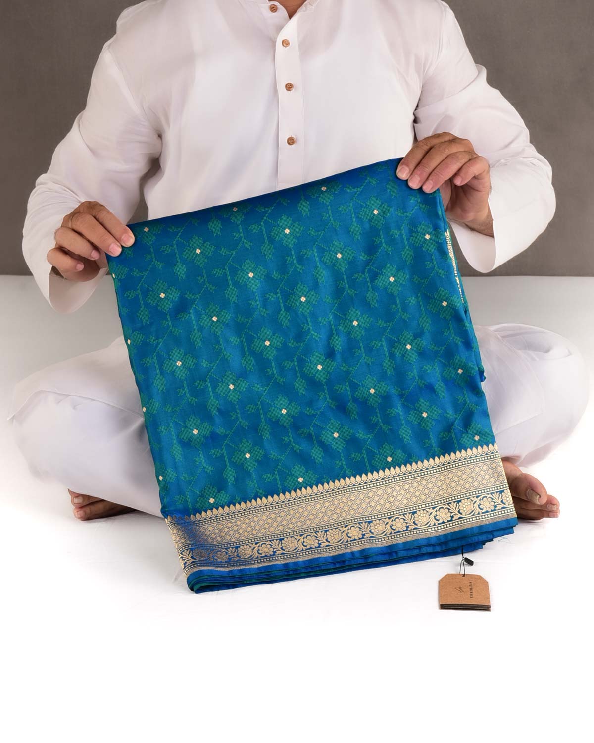 Shot Blue-Green Leheriya Satin Tanchoi Brocade Handwoven Katan Silk Banarasi Saree-HolyWeaves