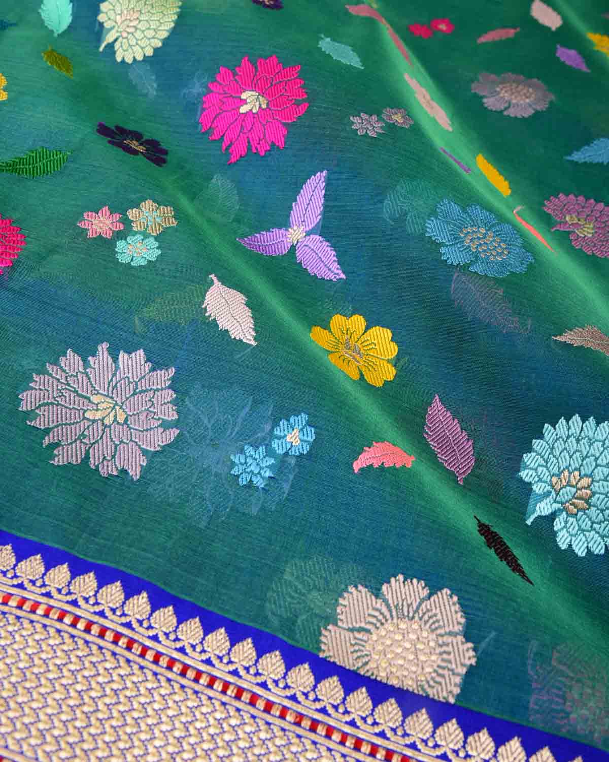 Shot Blue-Green Multi-Colour Resham & Gold Zari Floral Butis Kadhuan Brocade Handwoven Kora Silk Banarasi Saree-HolyWeaves