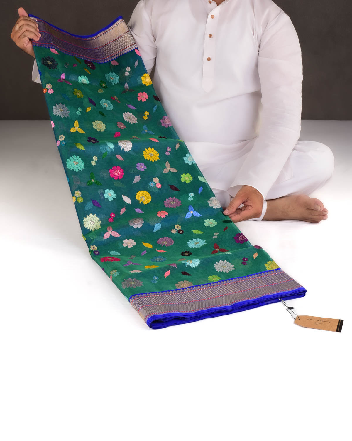 Shot Blue-Green Multi-Colour Resham & Gold Zari Floral Butis Kadhuan Brocade Handwoven Kora Silk Banarasi Saree-HolyWeaves