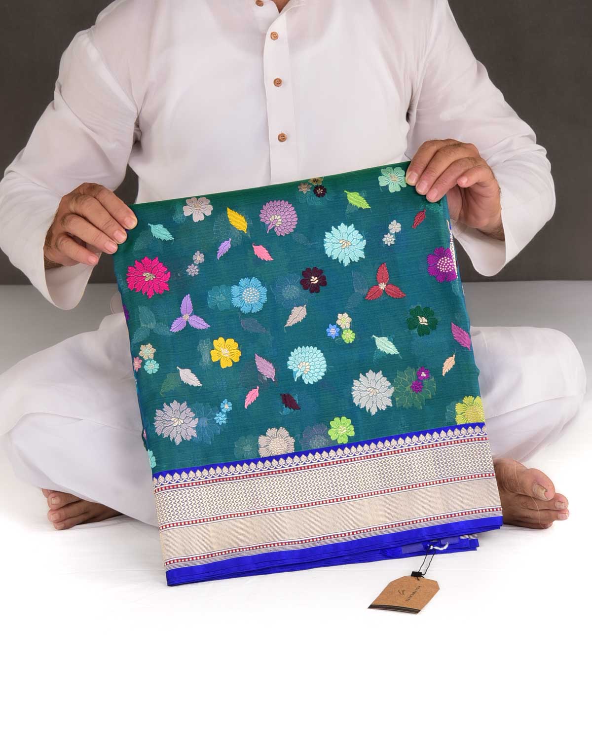 Shot Blue-Green Multi-Colour Resham & Gold Zari Floral Butis Kadhuan Brocade Handwoven Kora Silk Banarasi Saree-HolyWeaves