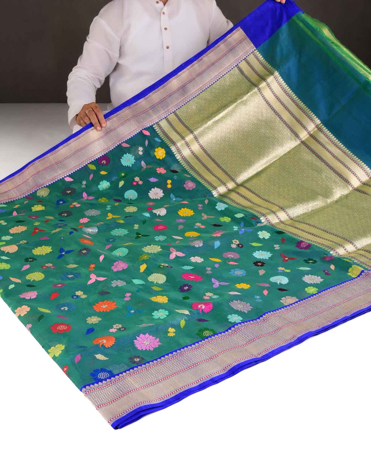 Shot Blue-Green Multi-Colour Resham & Gold Zari Floral Butis Kadhuan Brocade Handwoven Kora Silk Banarasi Saree-HolyWeaves