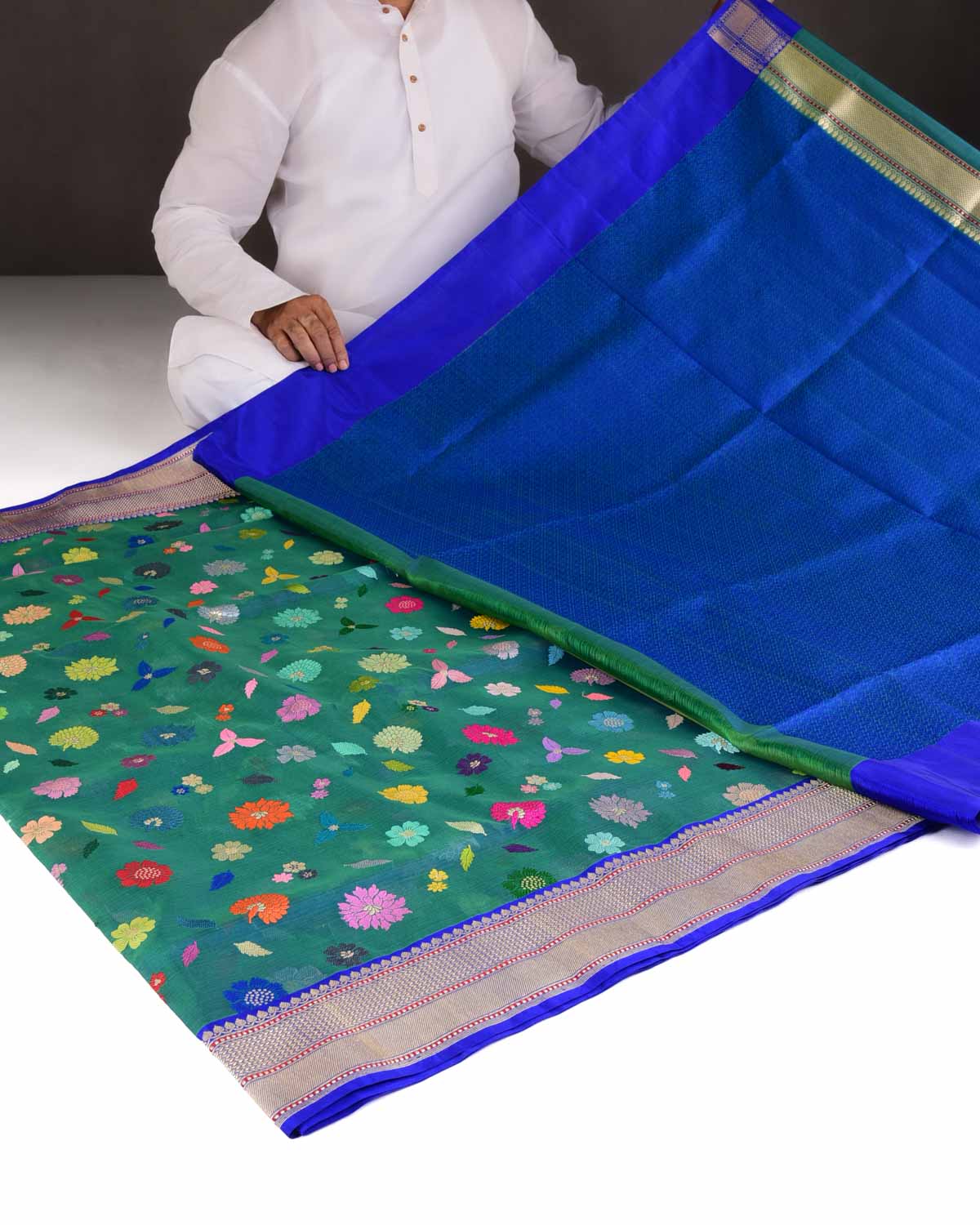 Shot Blue-Green Multi-Colour Resham & Gold Zari Floral Butis Kadhuan Brocade Handwoven Kora Silk Banarasi Saree-HolyWeaves