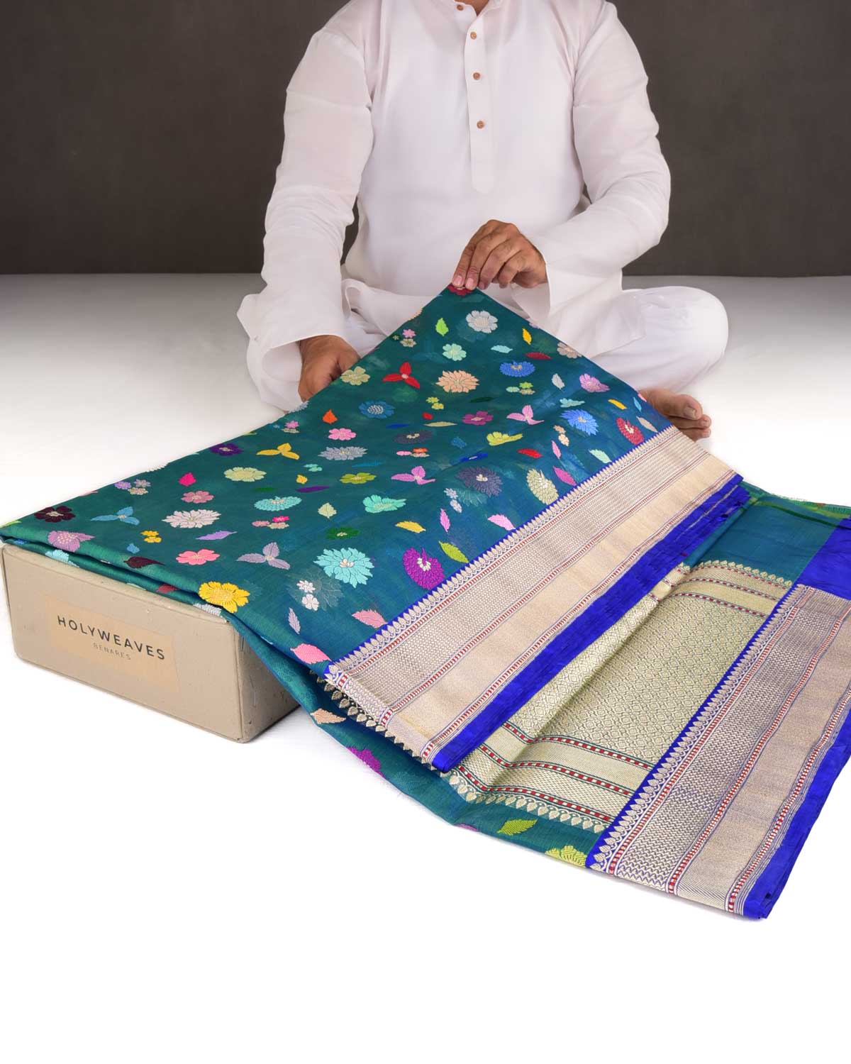 Shot Blue-Green Multi-Colour Resham & Gold Zari Floral Butis Kadhuan Brocade Handwoven Kora Silk Banarasi Saree-HolyWeaves