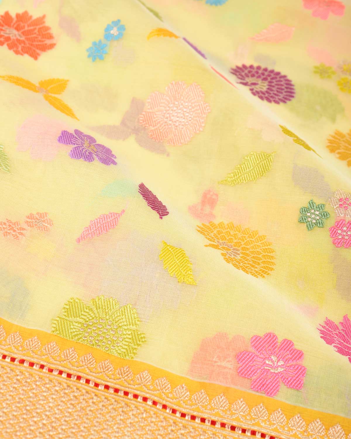 Yellow Multi-Colour Resham & Gold Zari Floral Butis Kadhuan Brocade Handwoven Kora Silk Banarasi Saree-HolyWeaves