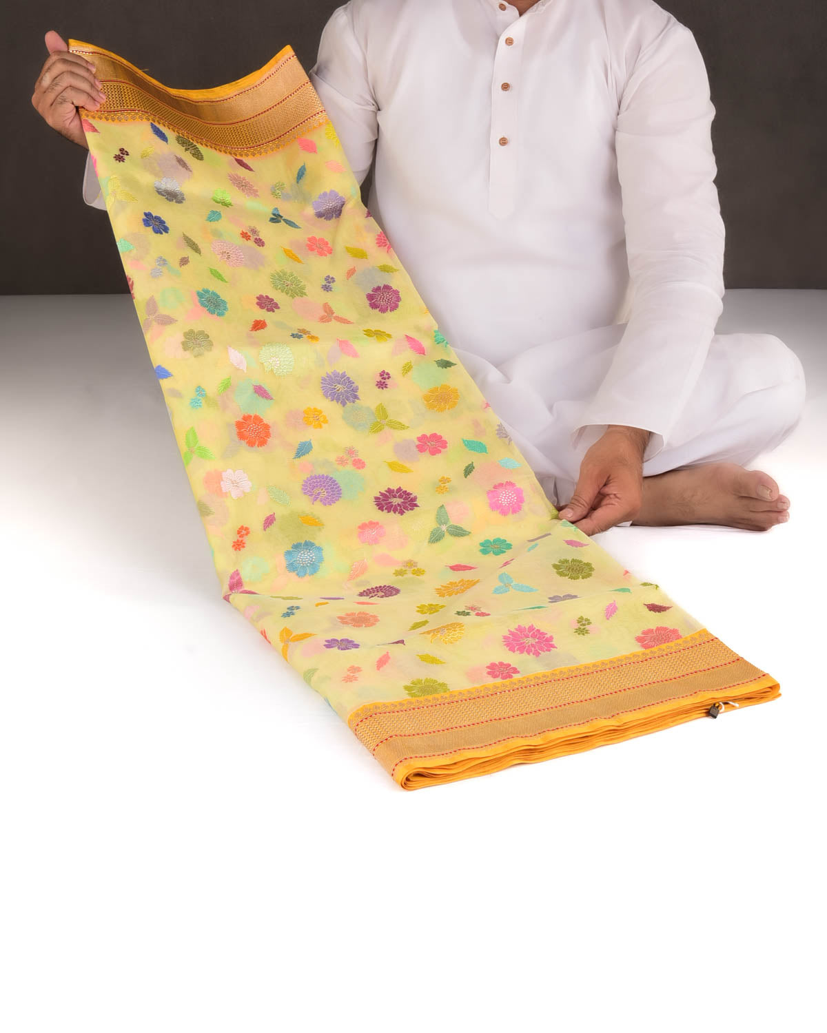 Yellow Multi-Colour Resham & Gold Zari Floral Butis Kadhuan Brocade Handwoven Kora Silk Banarasi Saree-HolyWeaves