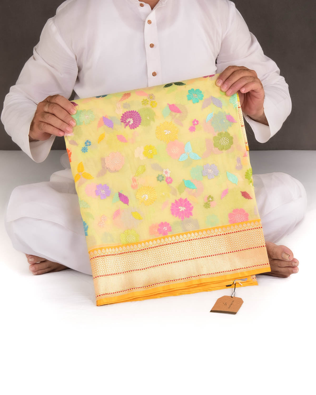 Yellow Multi-Colour Resham & Gold Zari Floral Butis Kadhuan Brocade Handwoven Kora Silk Banarasi Saree-HolyWeaves