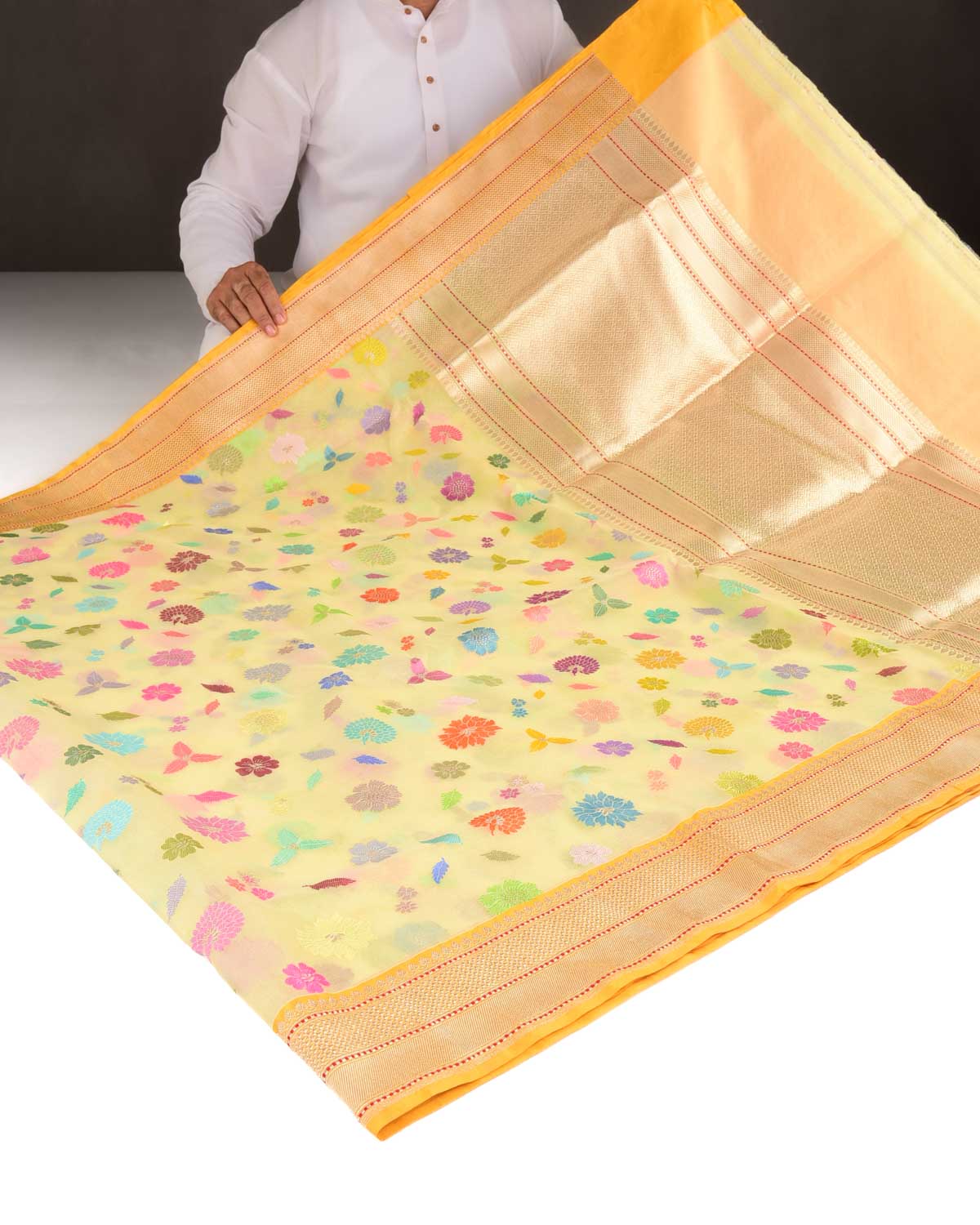 Yellow Multi-Colour Resham & Gold Zari Floral Butis Kadhuan Brocade Handwoven Kora Silk Banarasi Saree-HolyWeaves