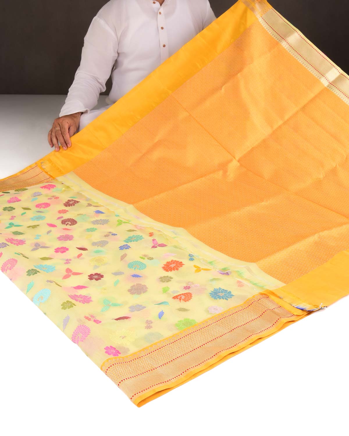 Yellow Multi-Colour Resham & Gold Zari Floral Butis Kadhuan Brocade Handwoven Kora Silk Banarasi Saree-HolyWeaves