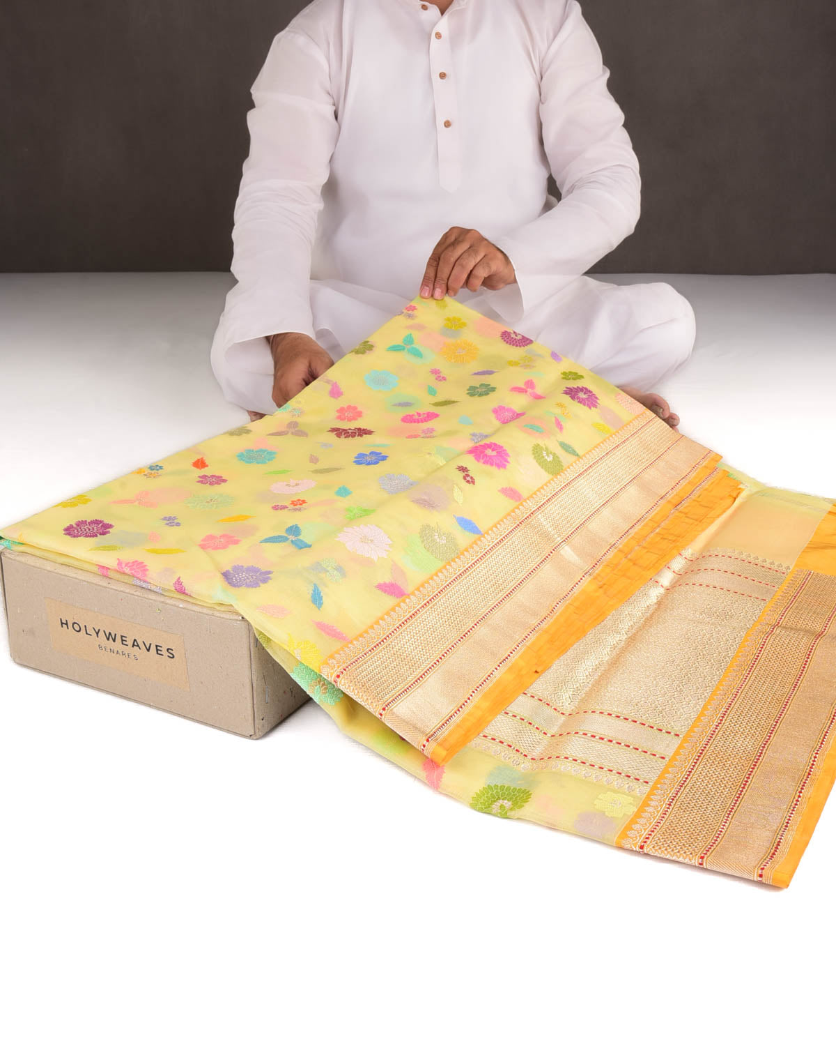 Yellow Multi-Colour Resham & Gold Zari Floral Butis Kadhuan Brocade Handwoven Kora Silk Banarasi Saree-HolyWeaves