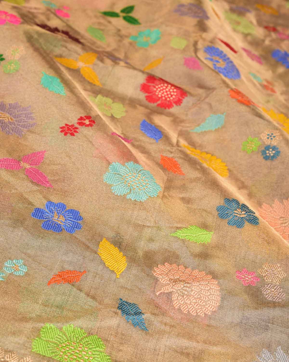 Metallic Gold Multi-Colour Resham & Zari Floral Butis Kadhuan Brocade Handwoven Tissue Banarasi Saree-HolyWeaves