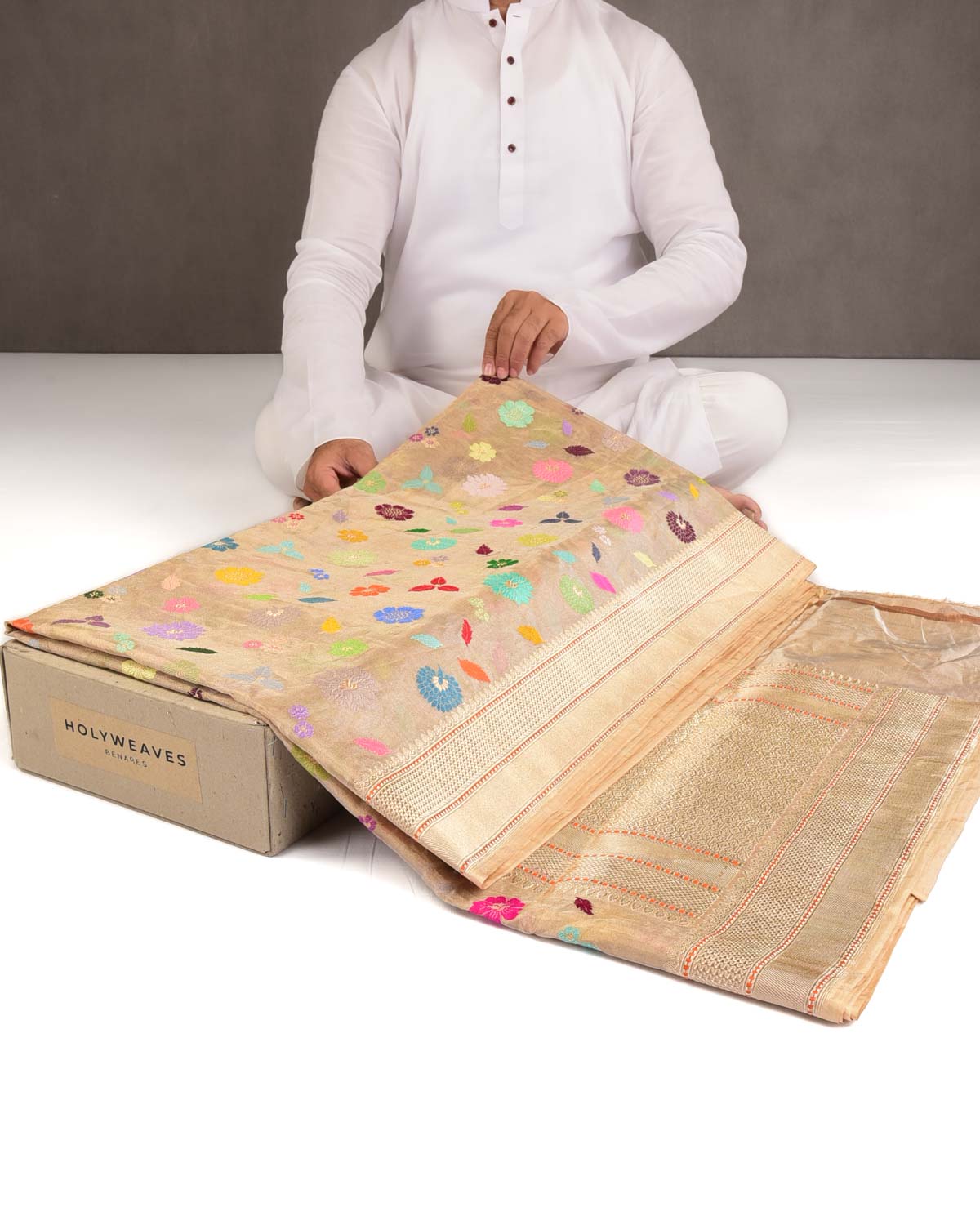 Metallic Gold Multi-Colour Resham & Zari Floral Butis Kadhuan Brocade Handwoven Tissue Banarasi Saree-HolyWeaves