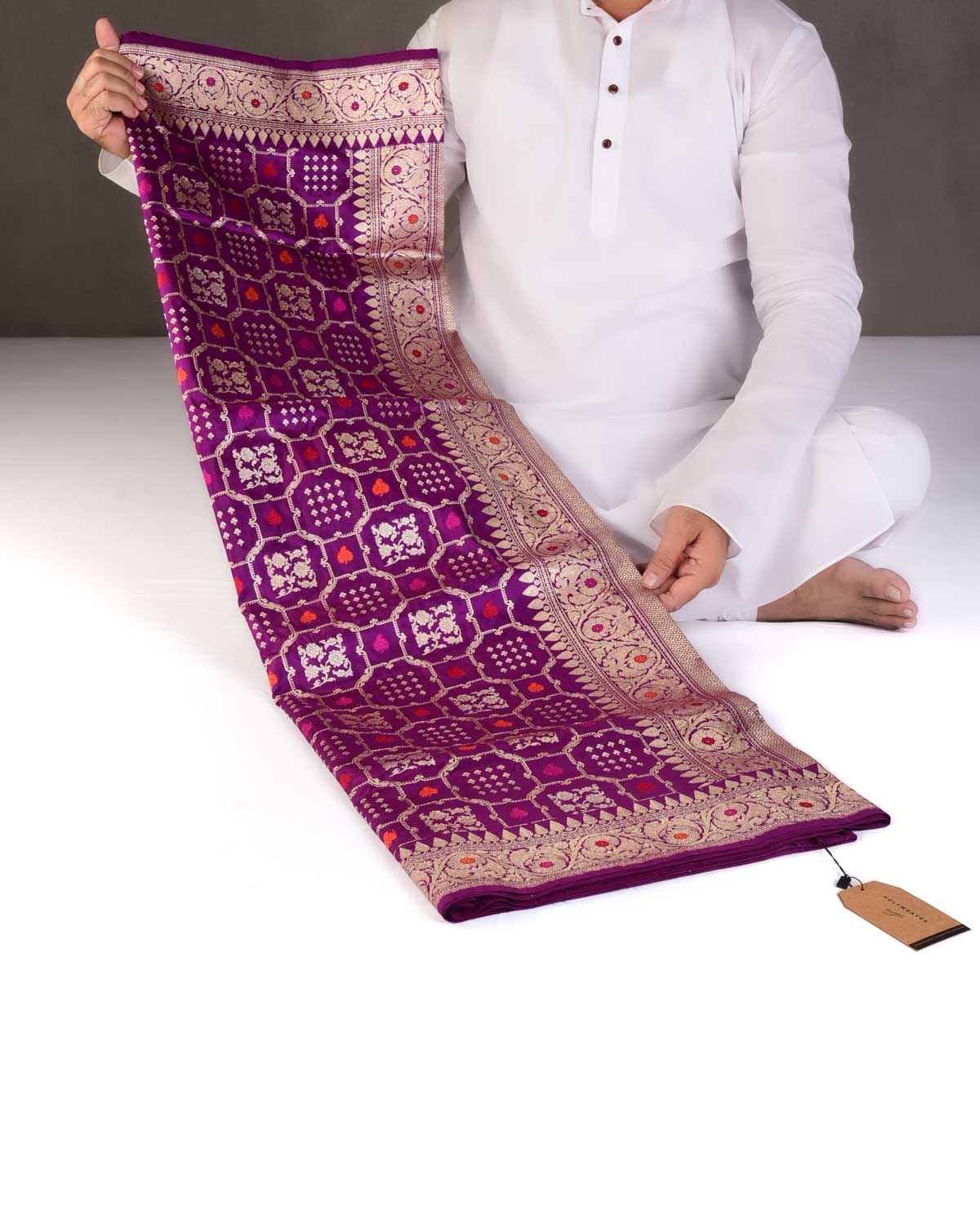 Purple Gold & Silver Zari & Resham Meena Gharchola Kadhuan Brocade Handwoven Katan Silk Banarasi Saree-HolyWeaves