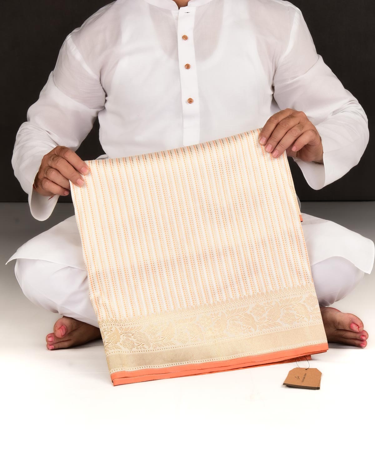 Cream Banarasi Gold Zari & Orange Resham Dotted Stripes Brocade Handwoven Katan Silk Saree-HolyWeaves