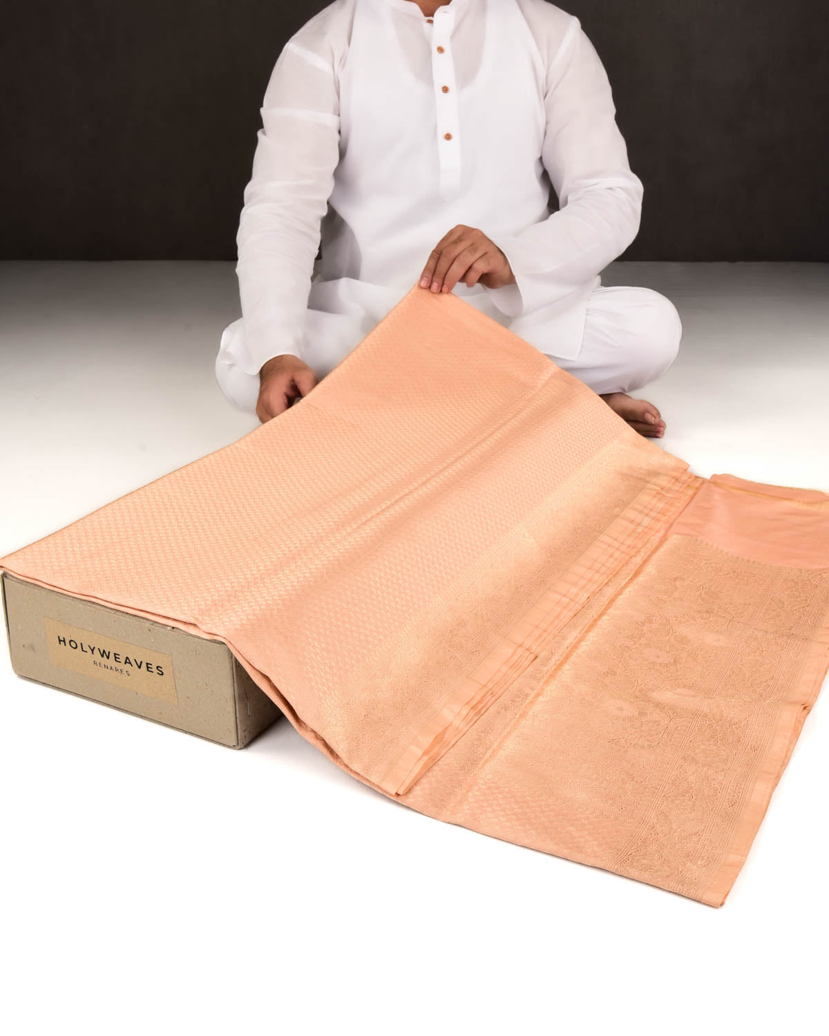 Peach Banarasi Gold Zari Ghani Paisley Buti Brocade Handwoven Katan Silk Saree-HolyWeaves