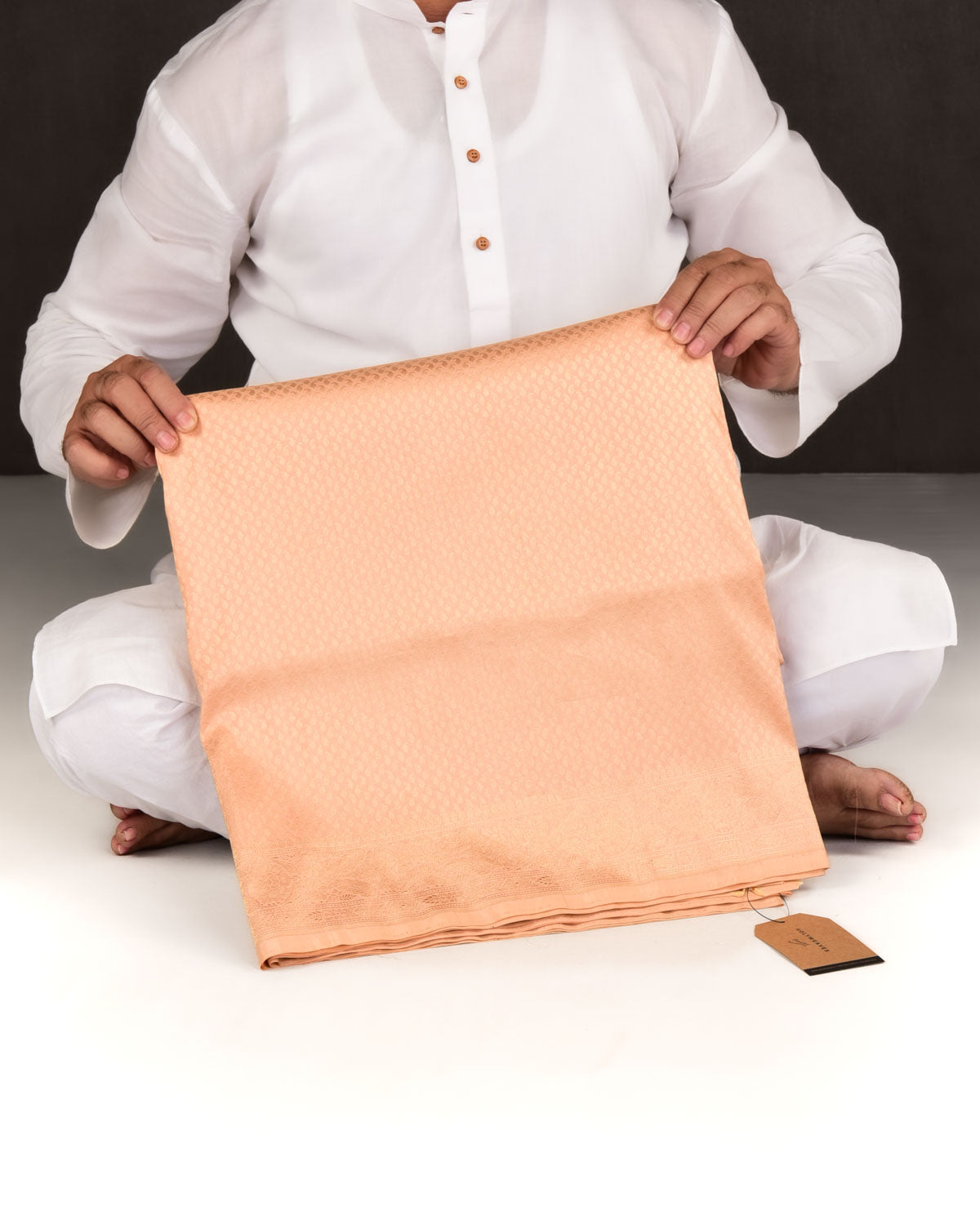 Peach Banarasi Gold Zari Ghani Paisley Buti Brocade Handwoven Katan Silk Saree-HolyWeaves