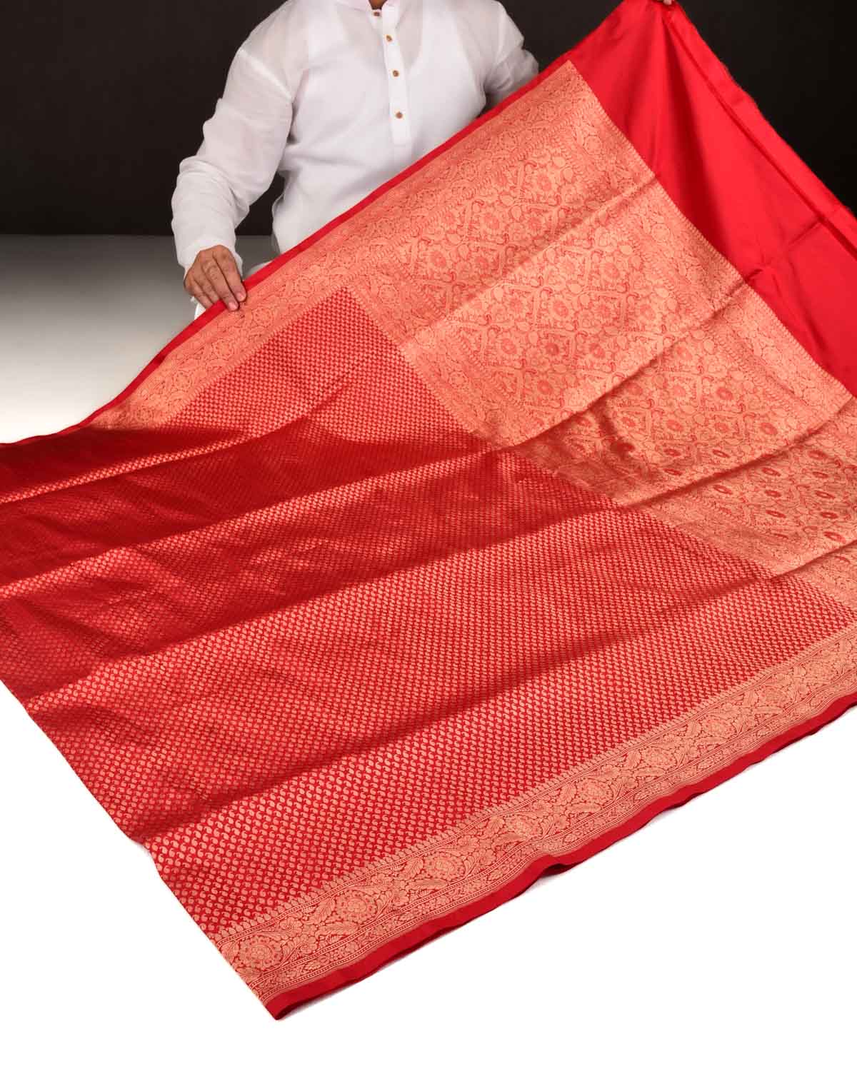 Bridal Red Banarasi Gold Zari Ghani Paisley Buti Brocade Handwoven Katan Silk Saree-HolyWeaves