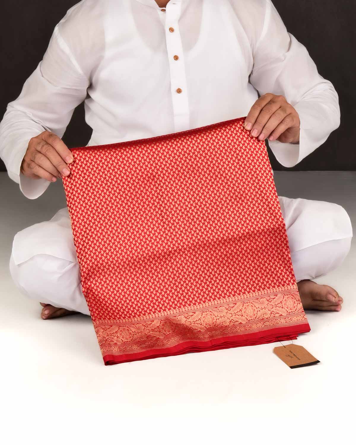 Bridal Red Banarasi Gold Zari Ghani Paisley Buti Brocade Handwoven Katan Silk Saree-HolyWeaves