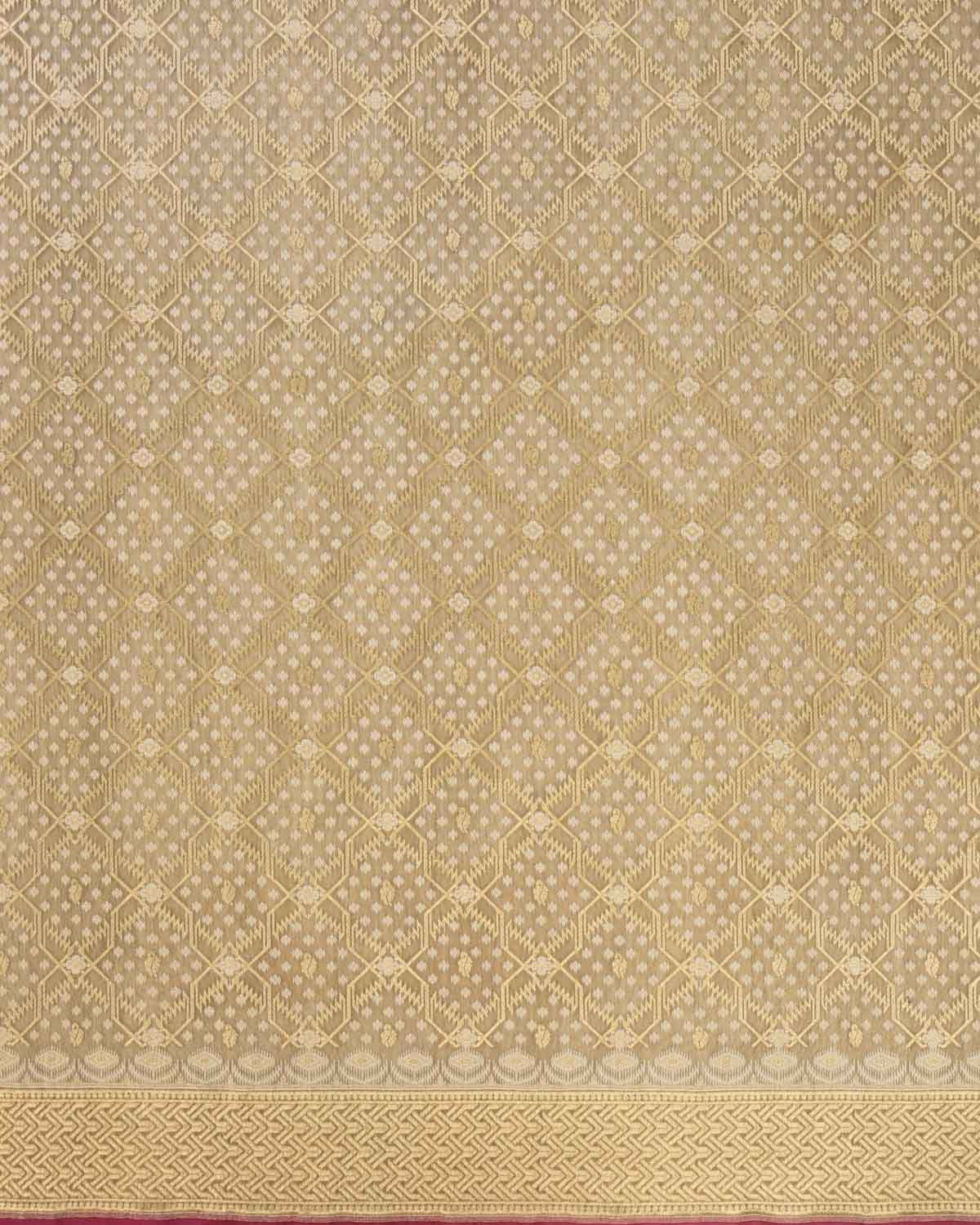 Olive Green Banarasi Resham & Gold Zari Grids Cutwork Brocade Handwoven Cotton Silk Saree - By HolyWeaves, Benares