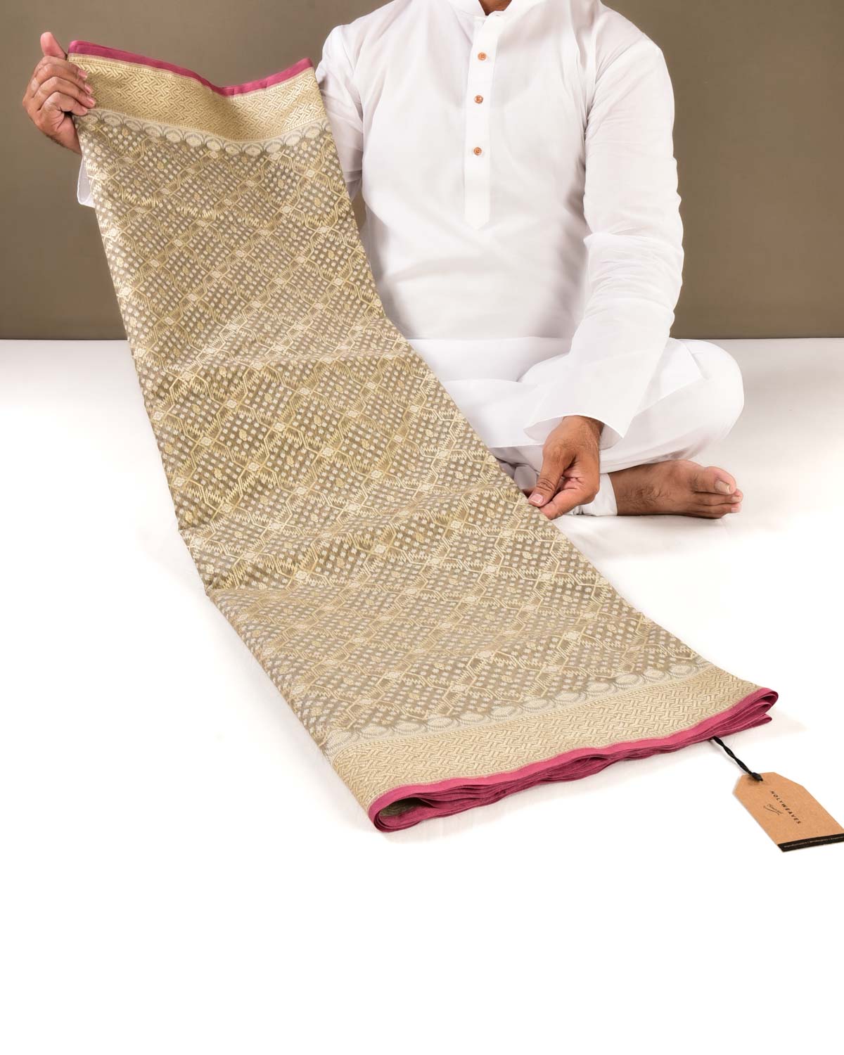 Olive Green Banarasi Resham & Gold Zari Grids Cutwork Brocade Handwoven Cotton Silk Saree - By HolyWeaves, Benares