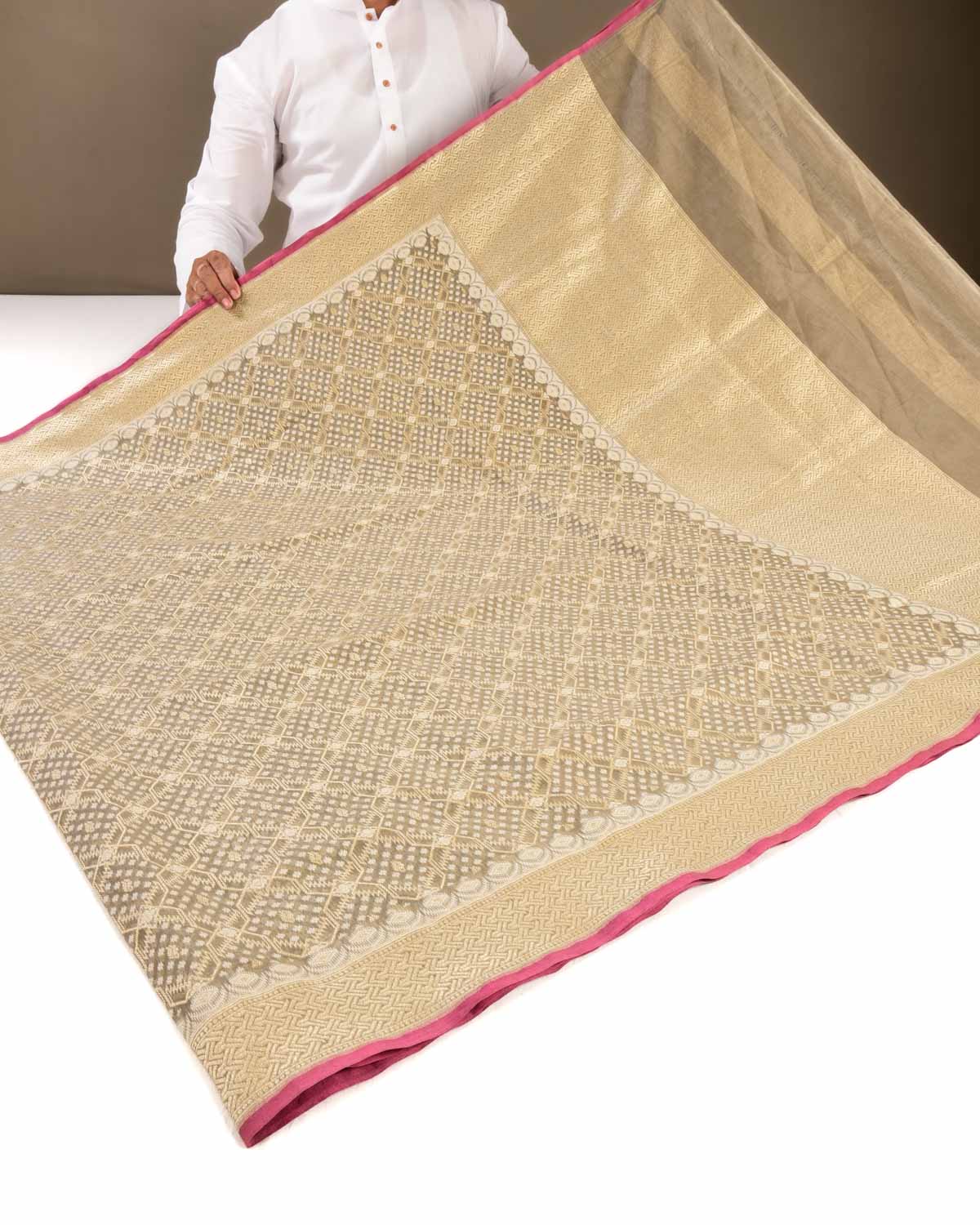 Olive Green Banarasi Resham & Gold Zari Grids Cutwork Brocade Handwoven Cotton Silk Saree - By HolyWeaves, Benares