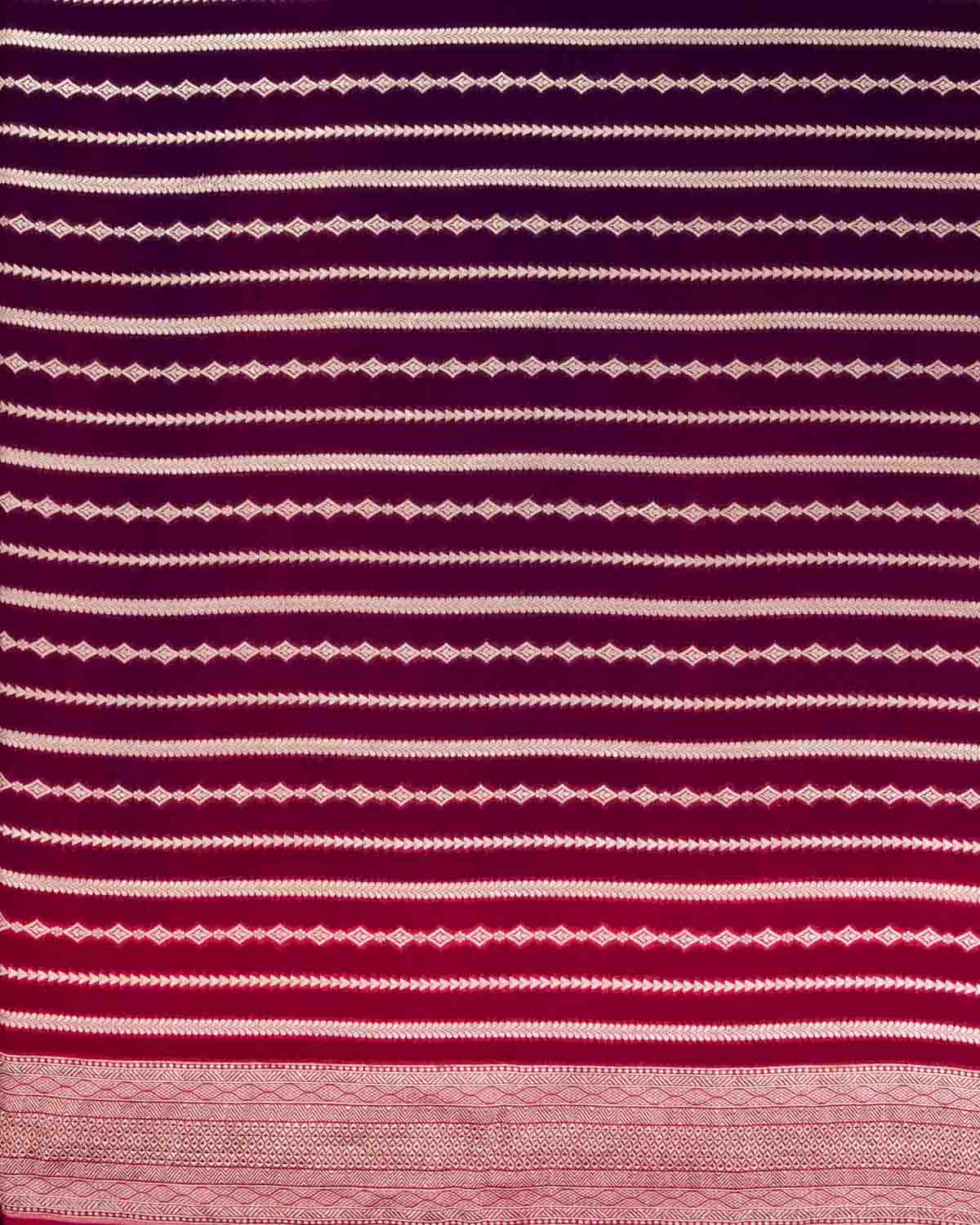 Ombré Pink-Purple Banarasi Horizontal Stripes Cutwork Brocade Handwoven Khaddi Georgette Saree with Contrast Pink Border Pallu - By HolyWeaves, Benares