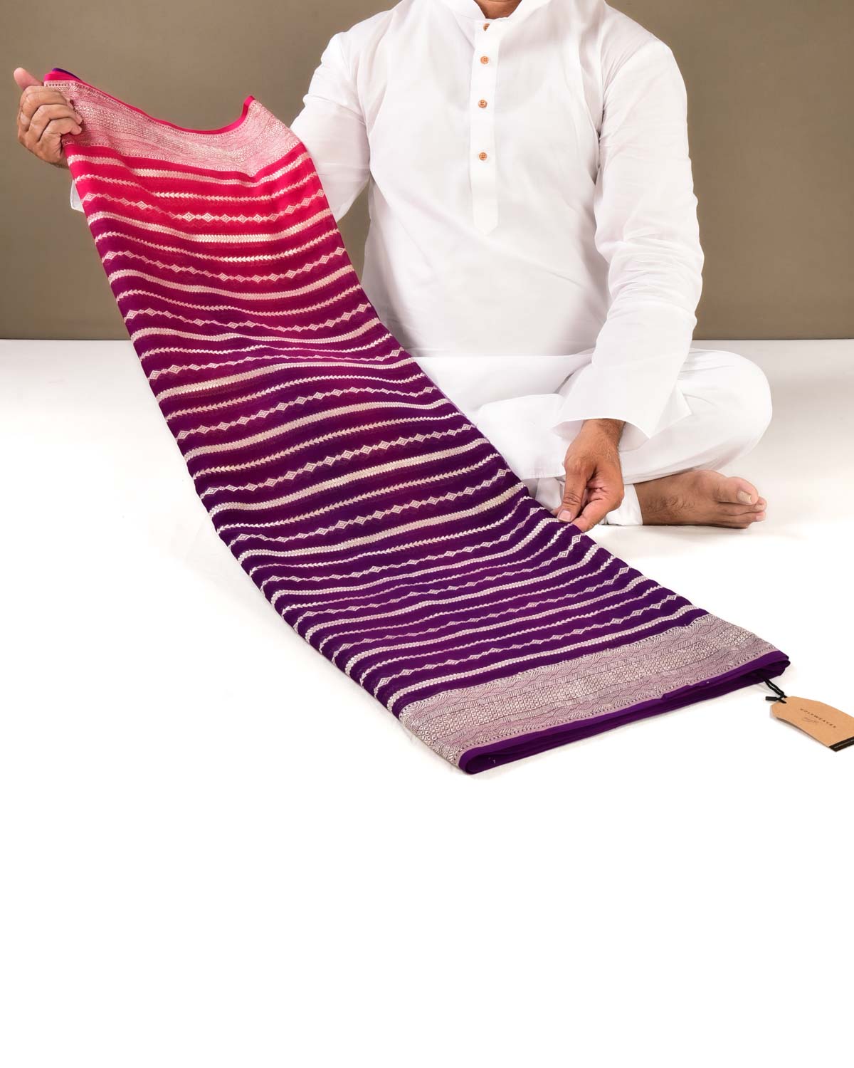 Ombré Pink-Purple Banarasi Horizontal Stripes Cutwork Brocade Handwoven Khaddi Georgette Saree with Contrast Pink Border Pallu - By HolyWeaves, Benares