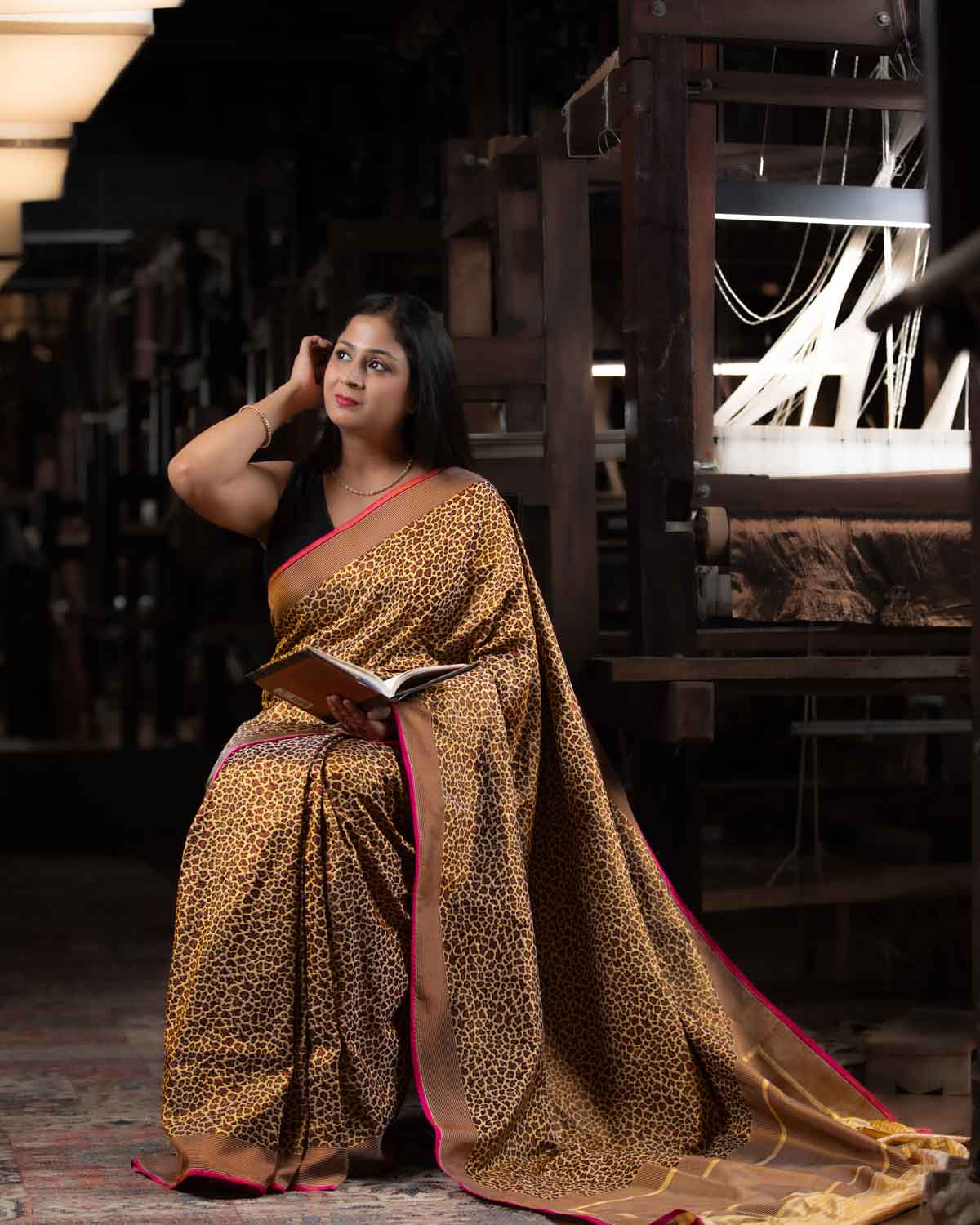 Mustard Yellow Banarasi Leopard Stripes Alfi Resham Brocade Handwoven Katan Silk Saree-HolyWeaves