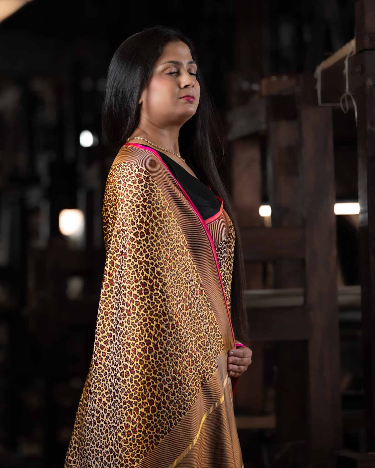 Mustard Yellow Banarasi Leopard Stripes Alfi Resham Brocade Handwoven Katan Silk Saree-HolyWeaves