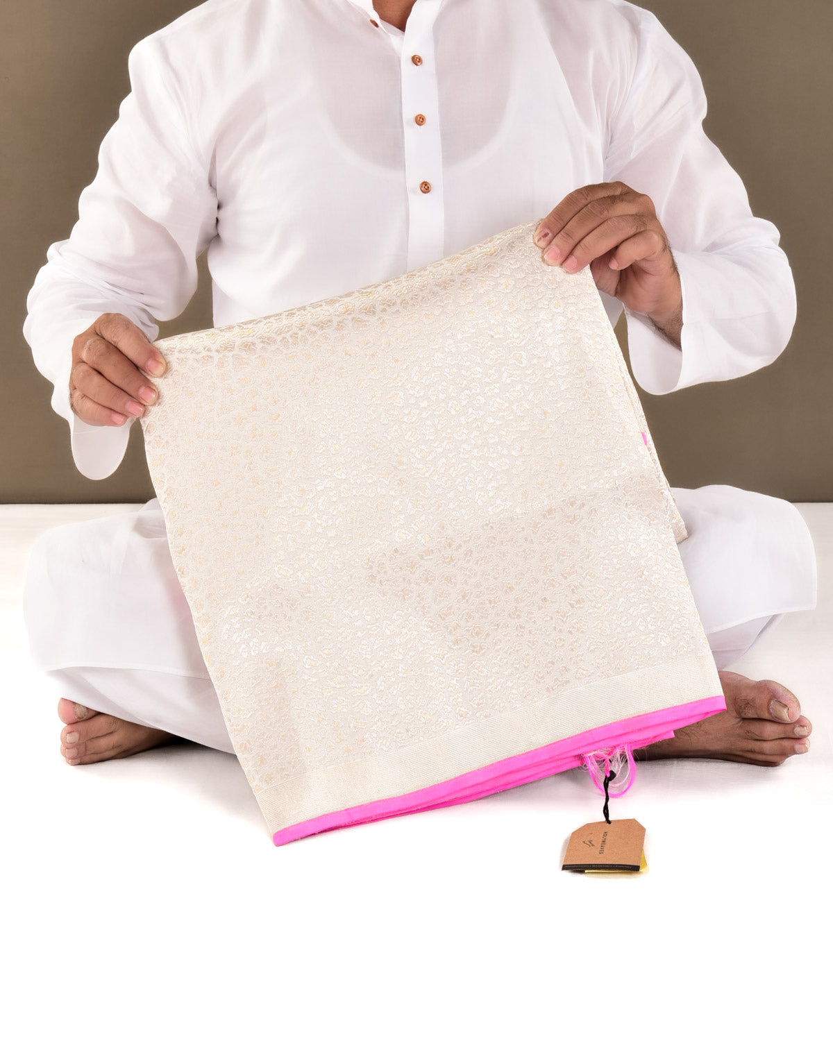 White Banarasi Alfi Jaguar Silver & Gold Zari Brocade Handwoven Katan Silk Saree - By HolyWeaves, Benares