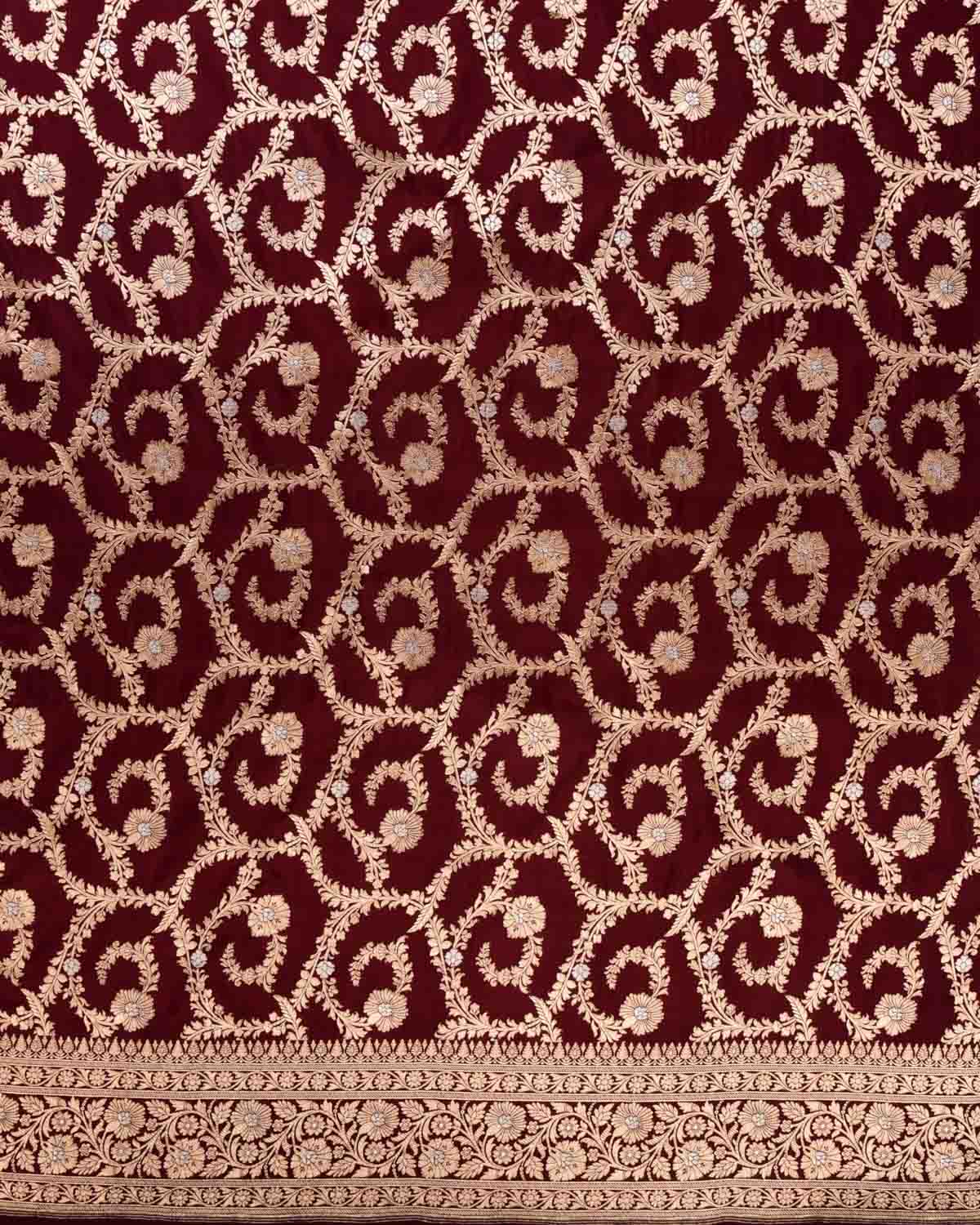 Maroon Banarasi Gold & Silver Zari Floral Jaal Cutwork Brocade Handwoven Katan Silk Saree with Red Contrast Border - By HolyWeaves, Benares