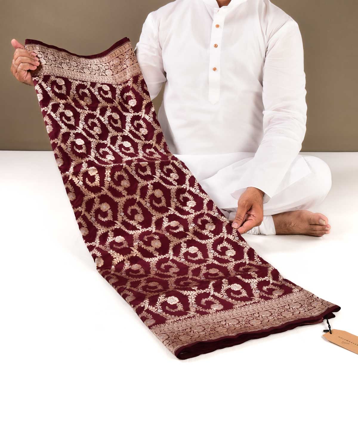 Maroon Banarasi Gold & Silver Zari Floral Jaal Cutwork Brocade Handwoven Katan Silk Saree with Red Contrast Border - By HolyWeaves, Benares