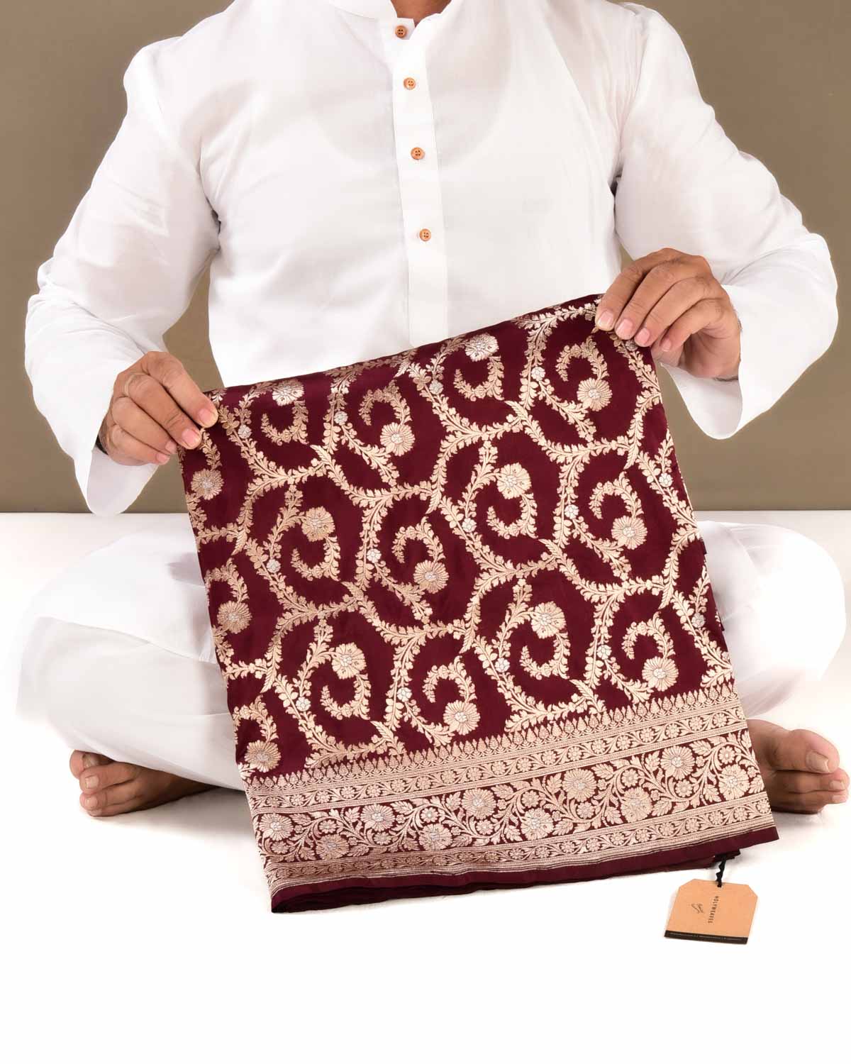 Maroon Banarasi Gold & Silver Zari Floral Jaal Cutwork Brocade Handwoven Katan Silk Saree with Red Contrast Border - By HolyWeaves, Benares