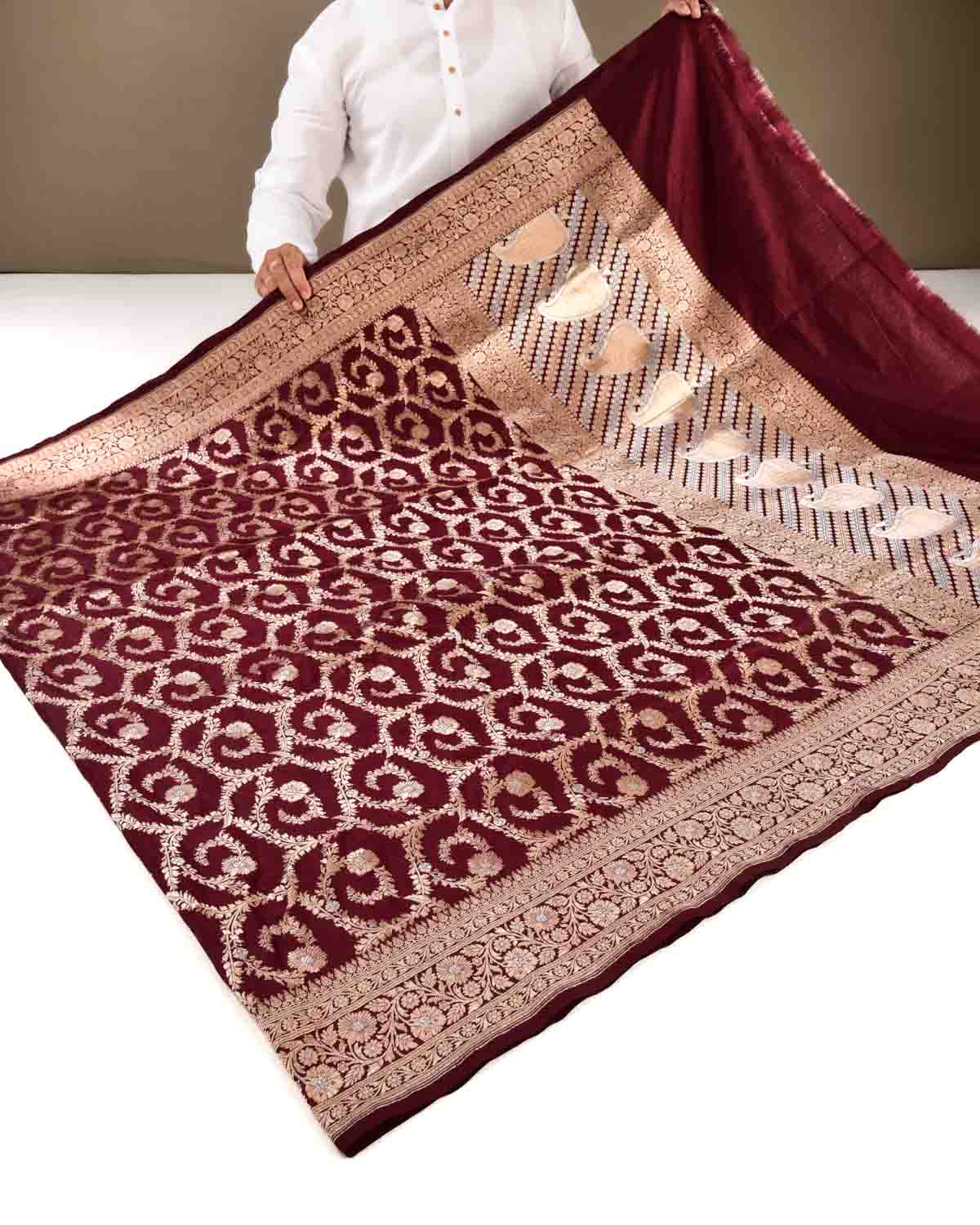 Maroon Banarasi Gold & Silver Zari Floral Jaal Cutwork Brocade Handwoven Katan Silk Saree with Red Contrast Border - By HolyWeaves, Benares