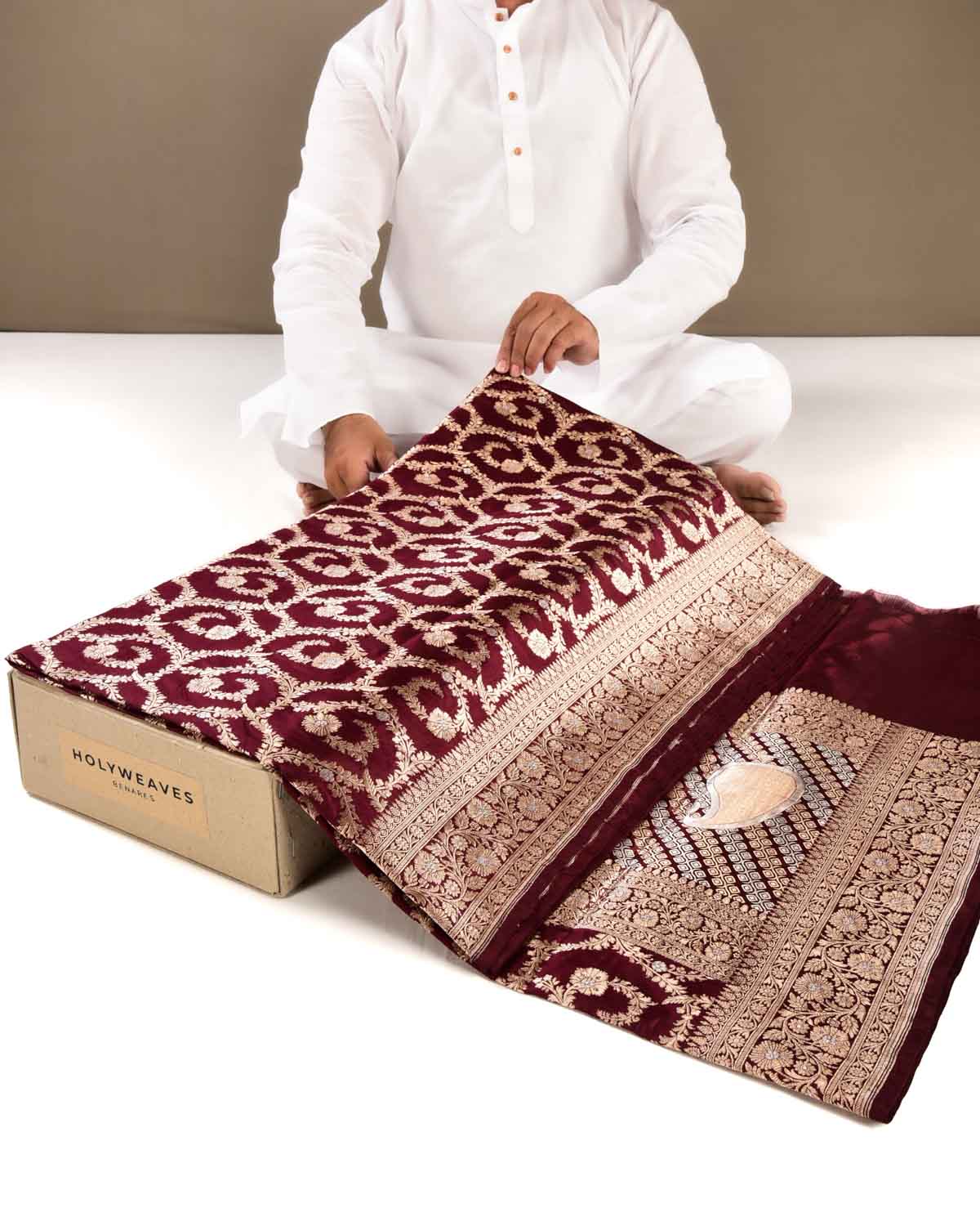 Maroon Banarasi Gold & Silver Zari Floral Jaal Cutwork Brocade Handwoven Katan Silk Saree with Red Contrast Border - By HolyWeaves, Benares