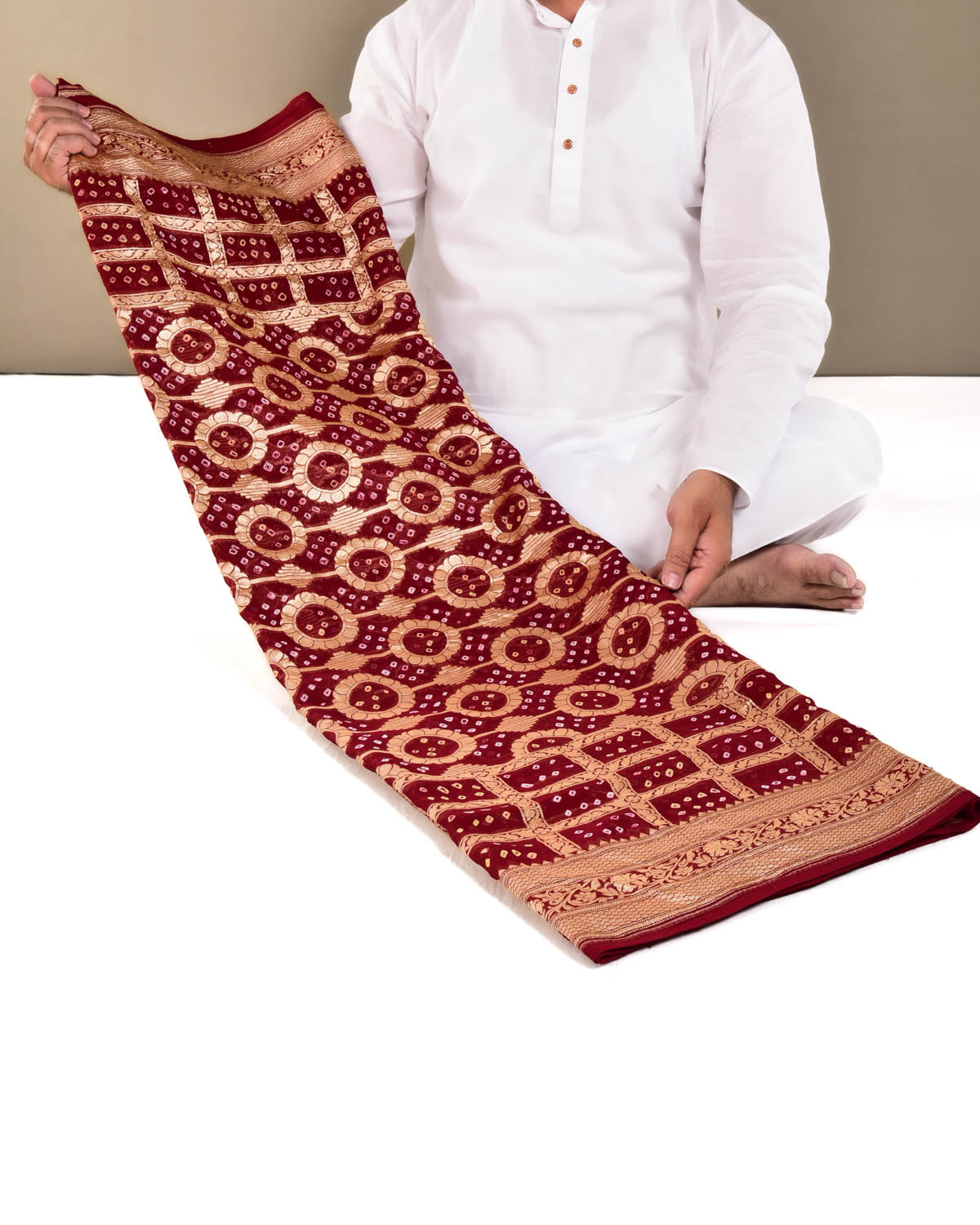 Maroon Banarasi Cutwork Brocade Handwoven Khaddi Georgette Saree with White & Yellow Bandhej - By HolyWeaves, Benares