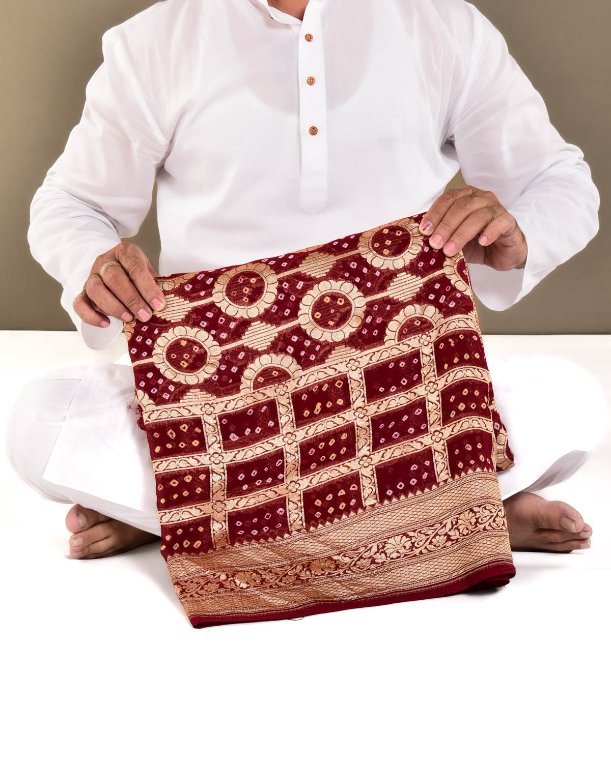 Maroon Banarasi Cutwork Brocade Handwoven Khaddi Georgette Saree with White & Yellow Bandhej - By HolyWeaves, Benares