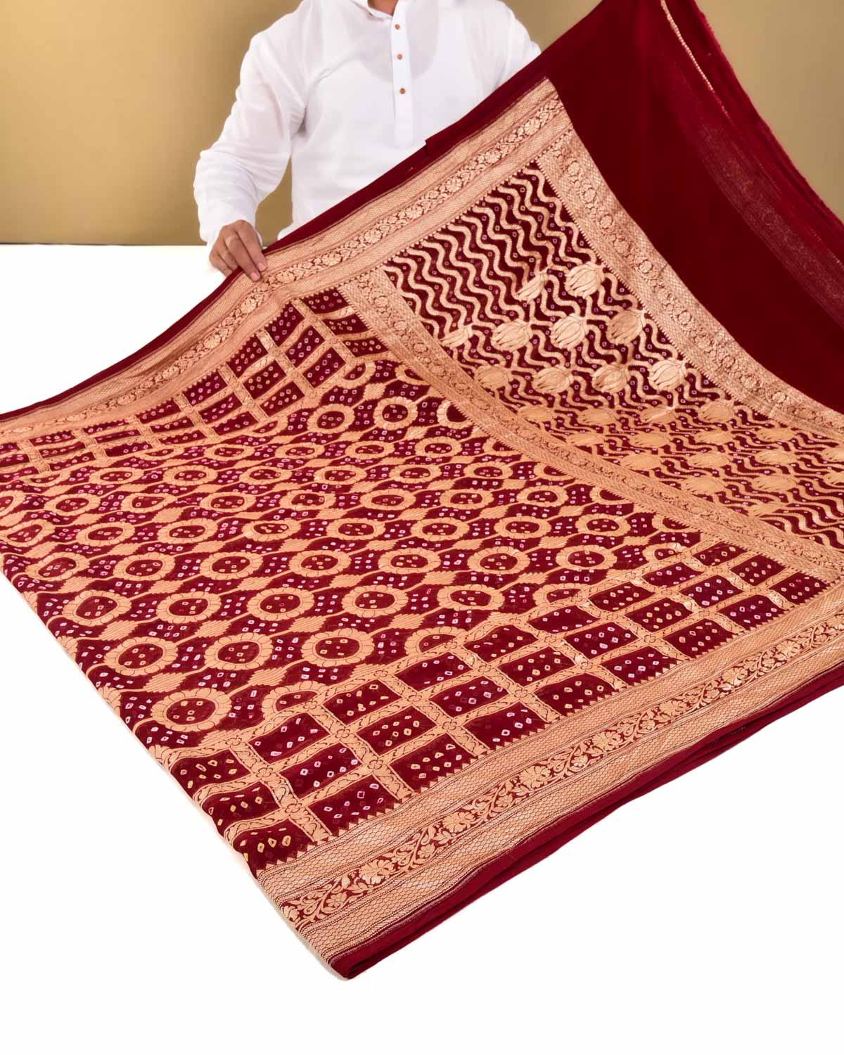 Maroon Banarasi Cutwork Brocade Handwoven Khaddi Georgette Saree with White & Yellow Bandhej - By HolyWeaves, Benares
