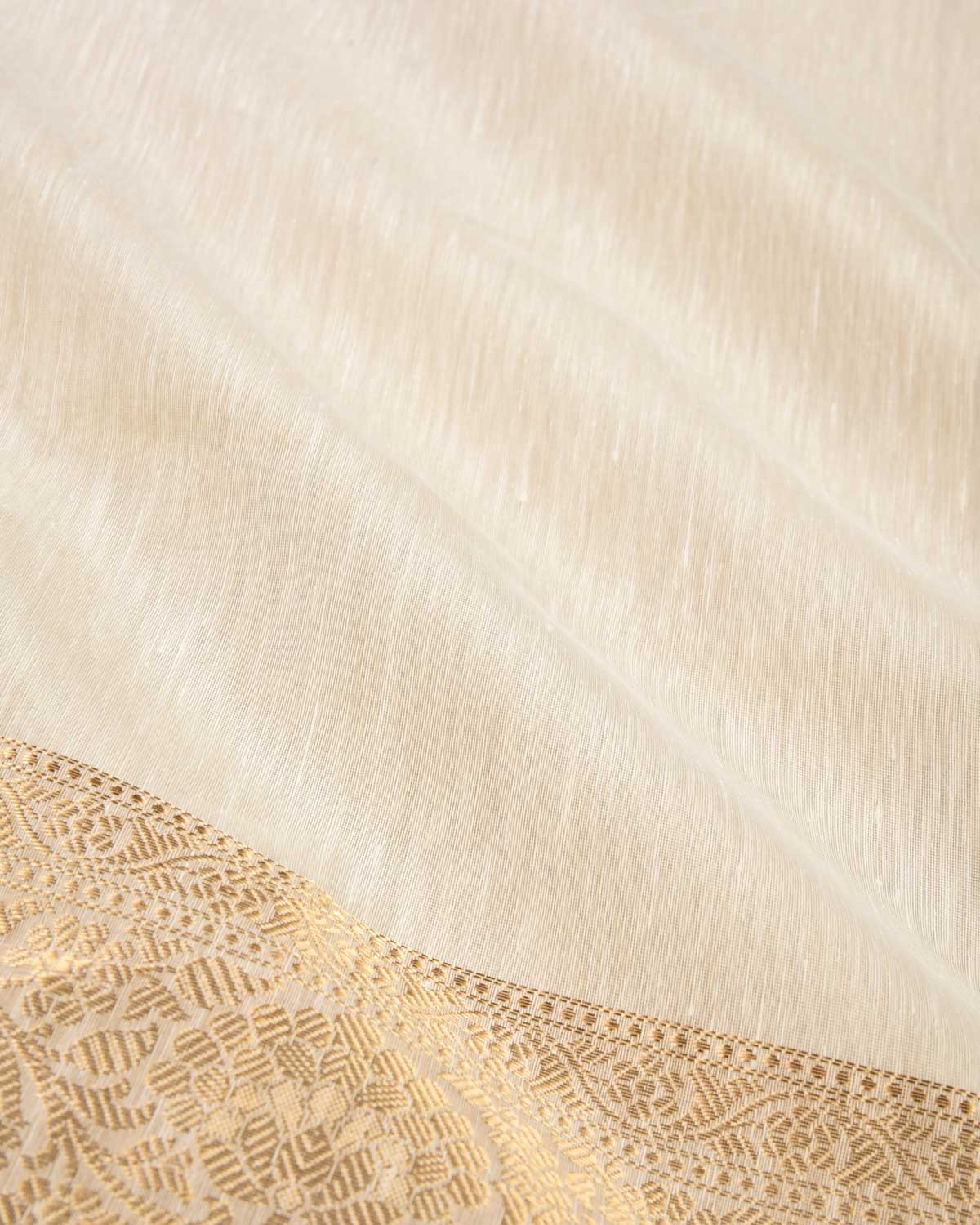 White Banarasi Brocade Handwoven Linen Silk Saree with Gold Zari Border-HolyWeaves