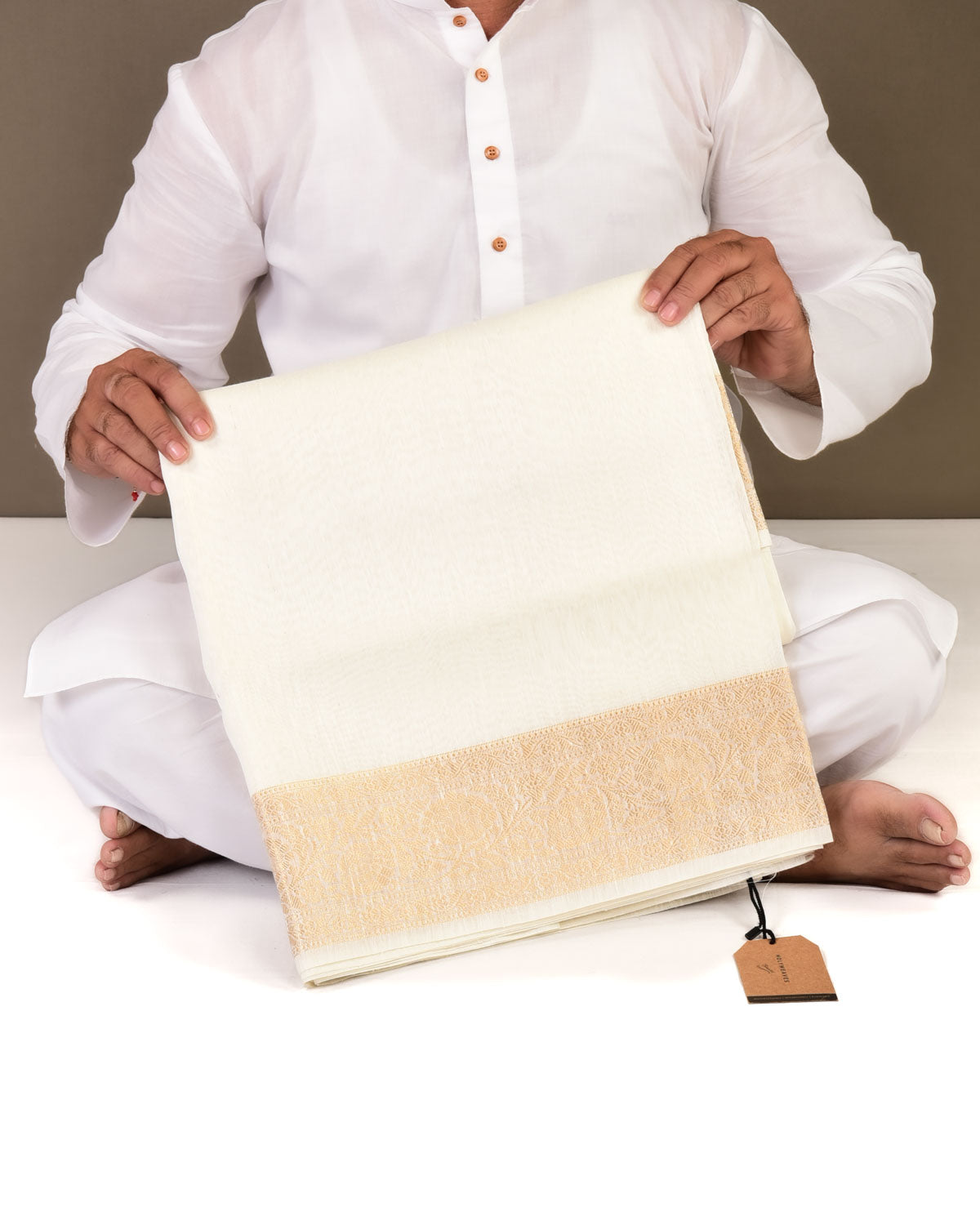 White Banarasi Brocade Handwoven Linen Silk Saree with Gold Zari Border-HolyWeaves