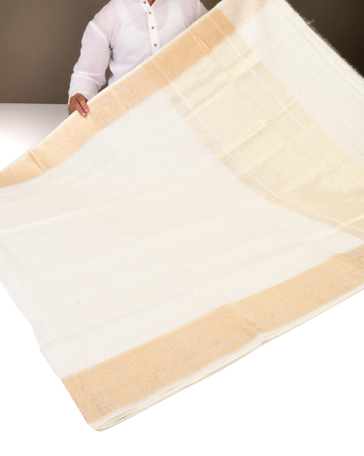 White Banarasi Brocade Handwoven Linen Silk Saree with Gold Zari Border-HolyWeaves