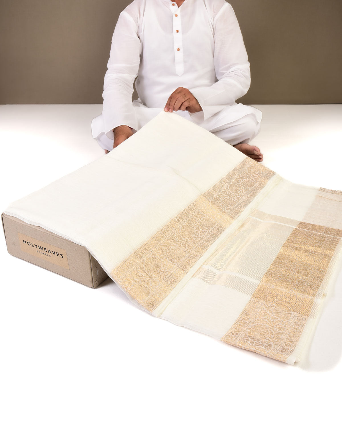 White Banarasi Brocade Handwoven Linen Silk Saree with Gold Zari Border-HolyWeaves