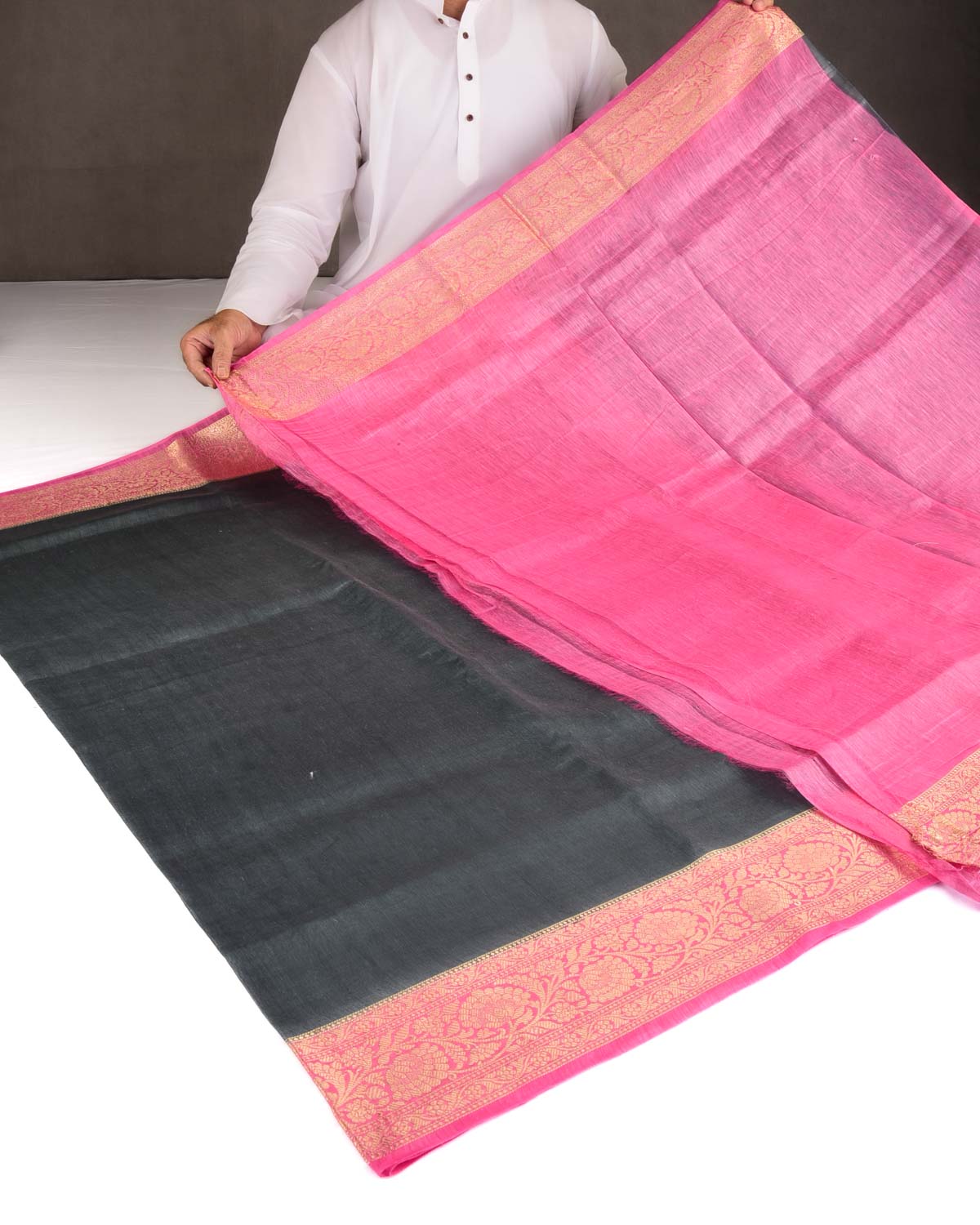 Gray Brocade Woven Linen Silk Banarasi Saree with Contrast Dye Gold Zari Border Pallu