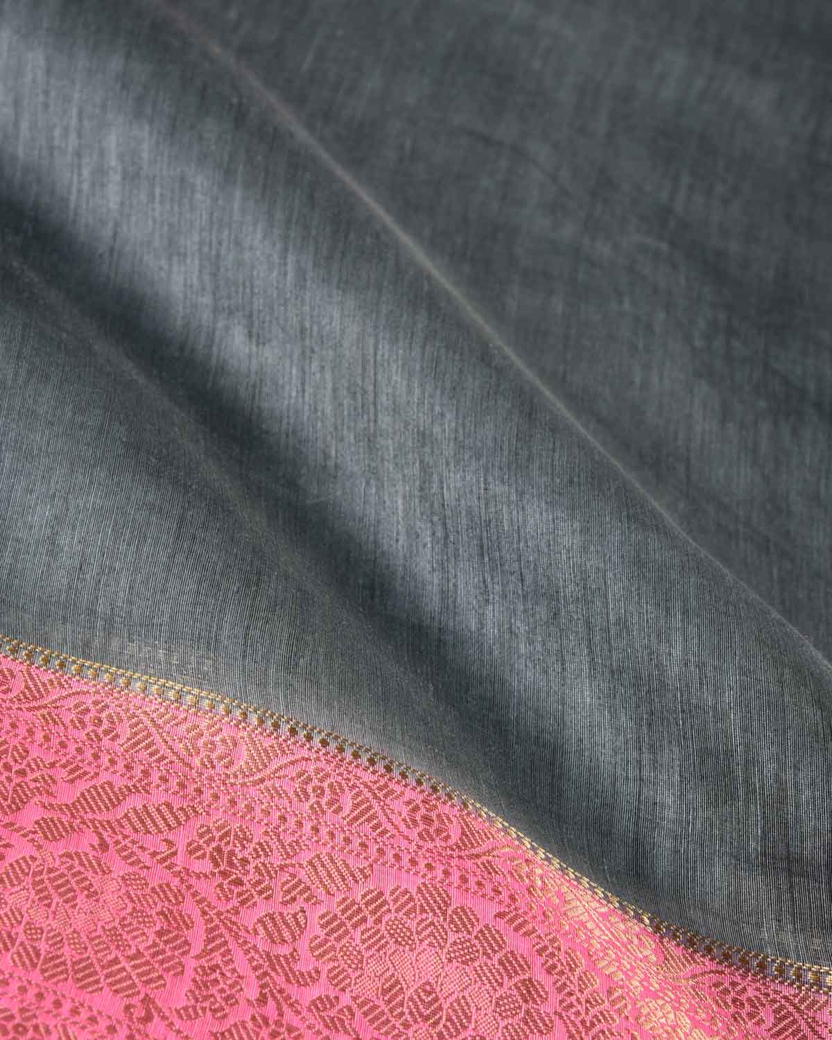Gray Brocade Woven Linen Silk Banarasi Saree with Contrast Dye Gold Zari Border Pallu