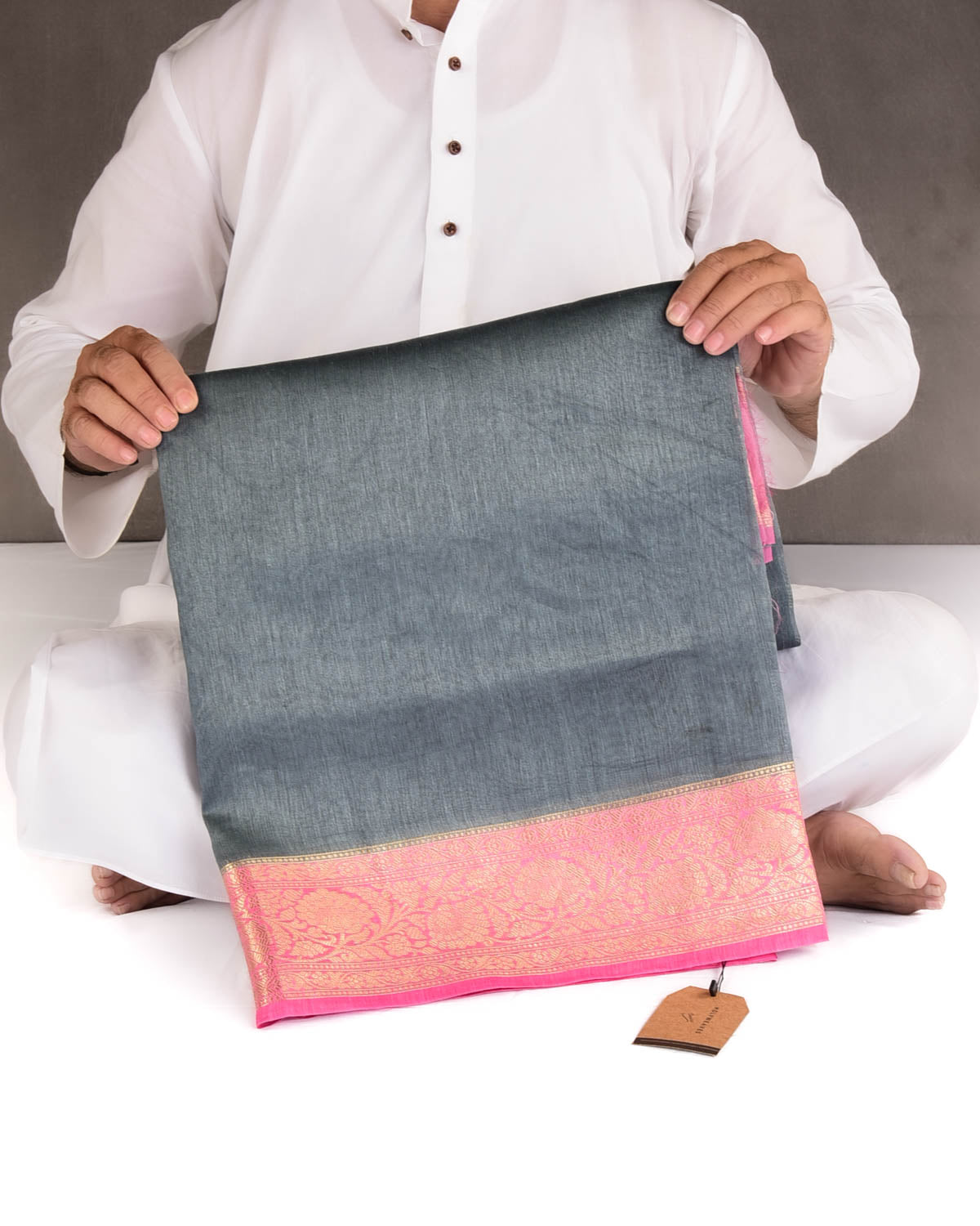 Gray Brocade Woven Linen Silk Banarasi Saree with Contrast Dye Gold Zari Border Pallu