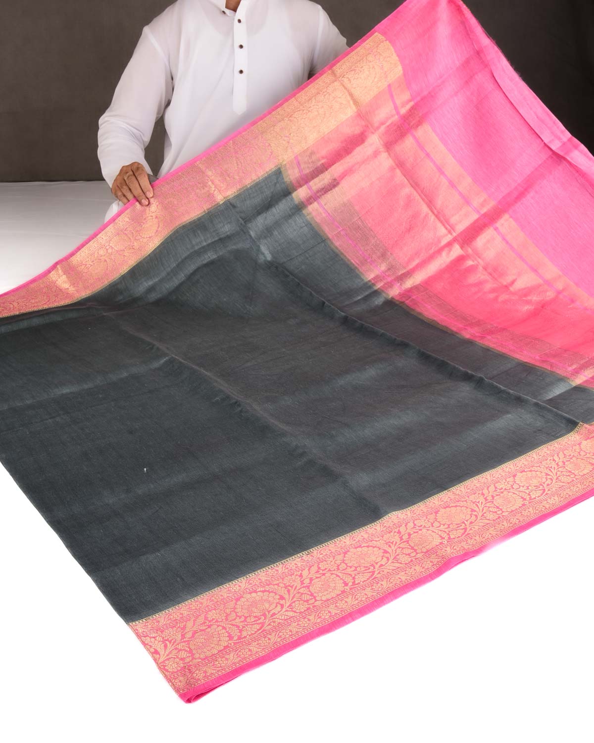 Gray Brocade Woven Linen Silk Banarasi Saree with Contrast Dye Gold Zari Border Pallu